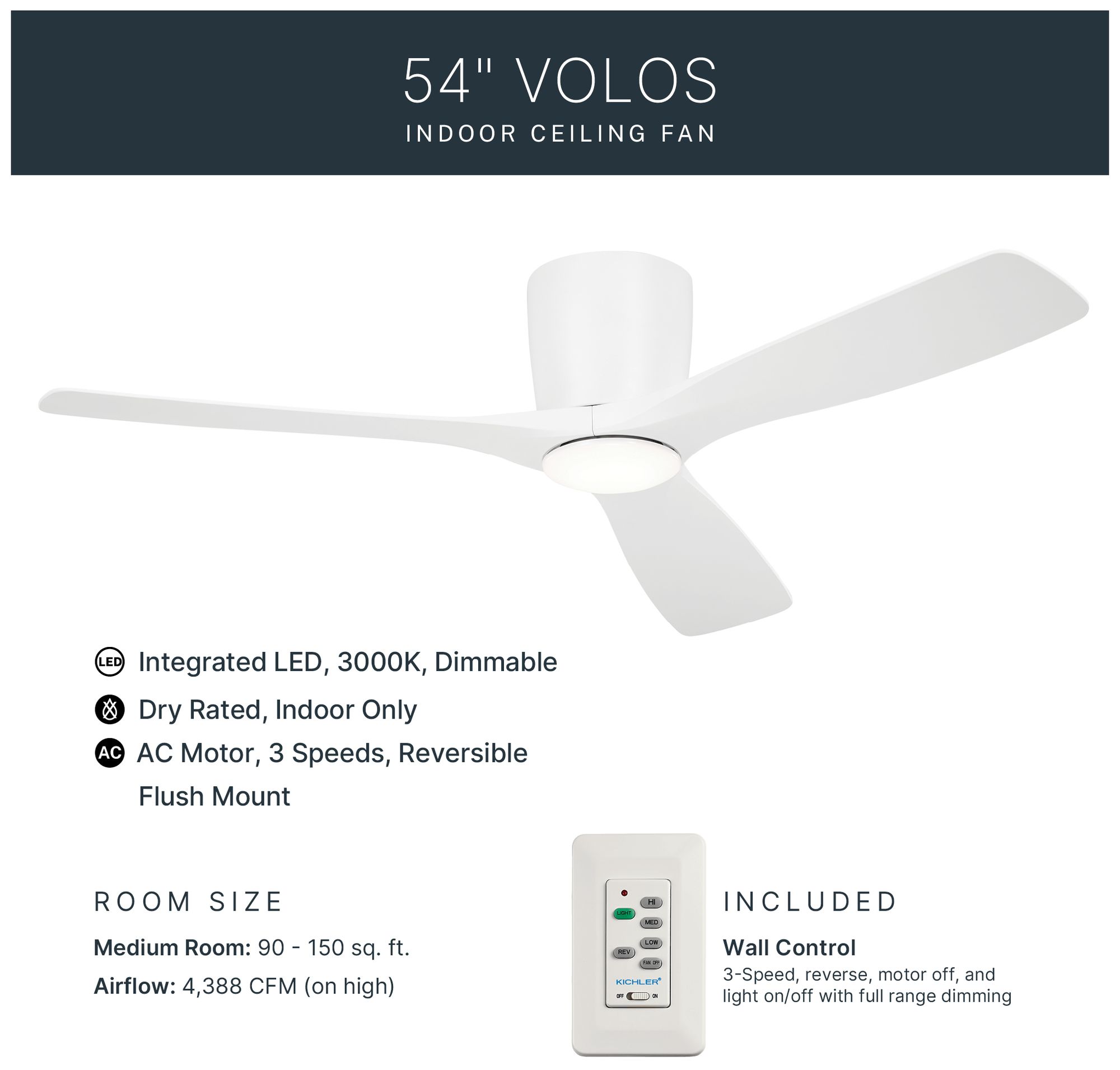 54" Kichler Volos Matte White LED Hugger Ceiling Fan