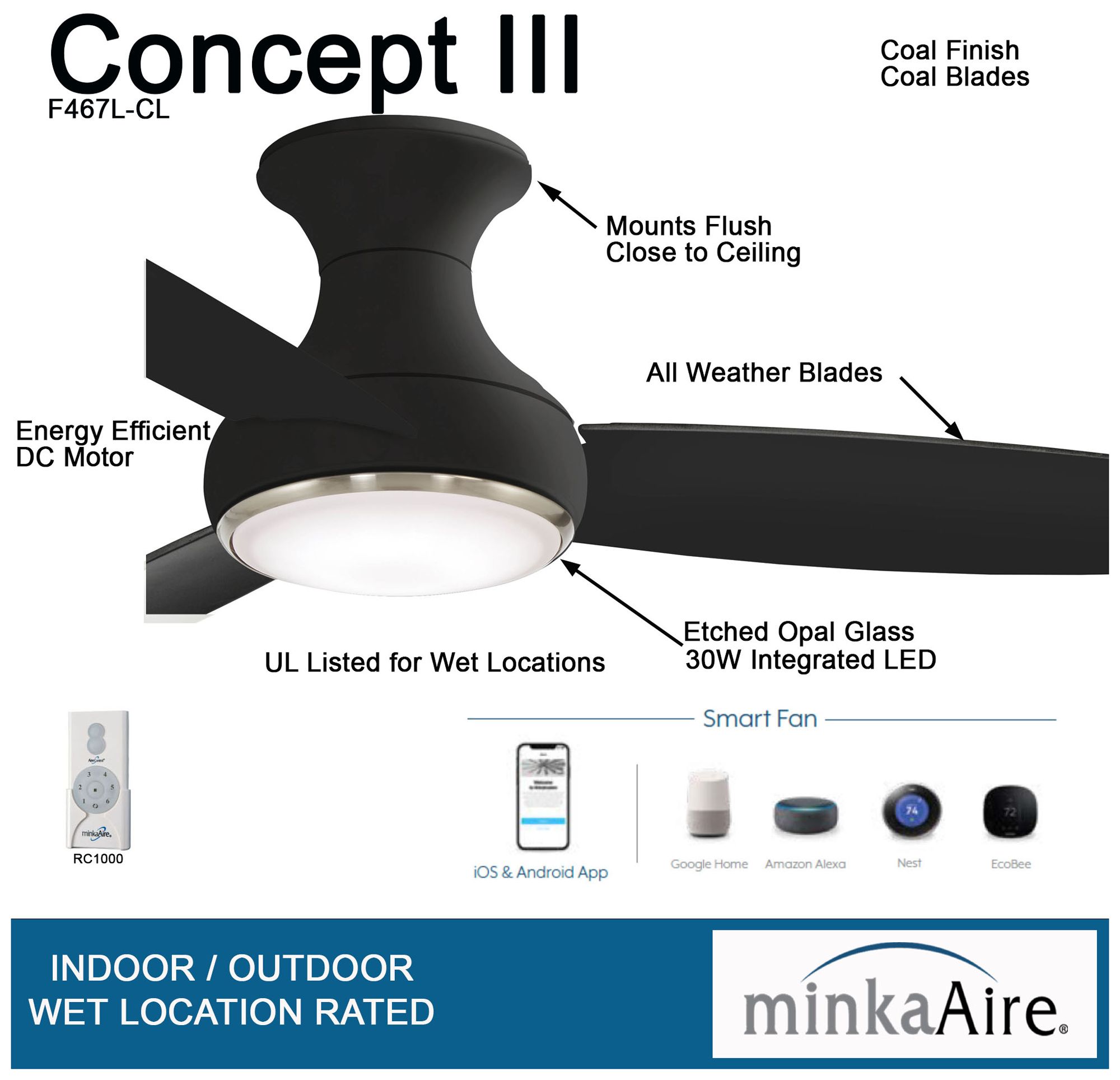 54" Minka Aire Concept III Coal LED Wet Hugger Smart Ceiling Fan