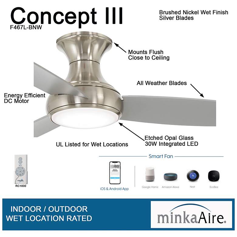 Image 3 54" Minka Aire Concept III Nickel Hugger Wet LED Smart Ceiling Fan more views
