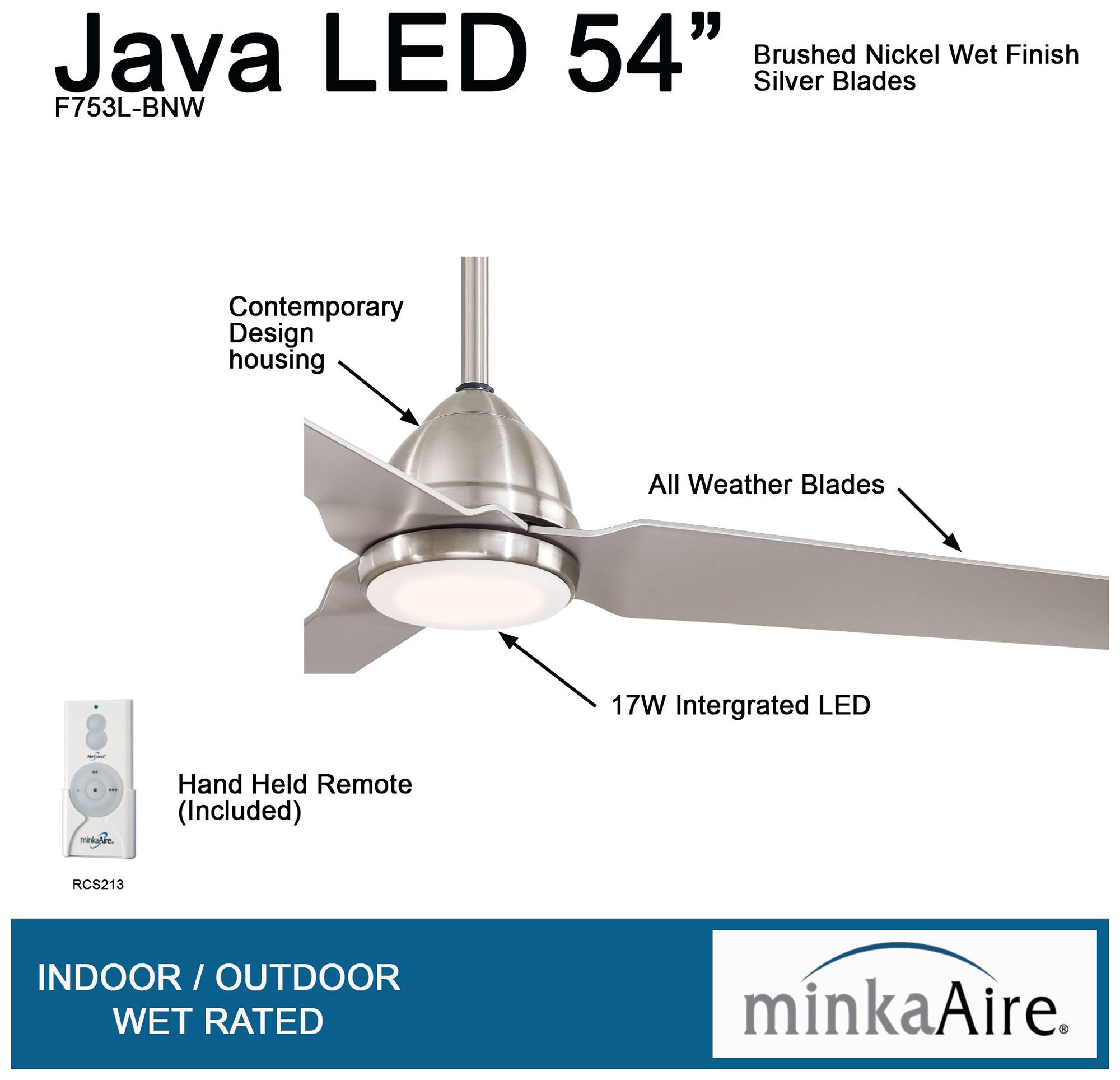 54" Minka Aire Java Brushed Nickel Wet Ceiling Fan with Remote Control