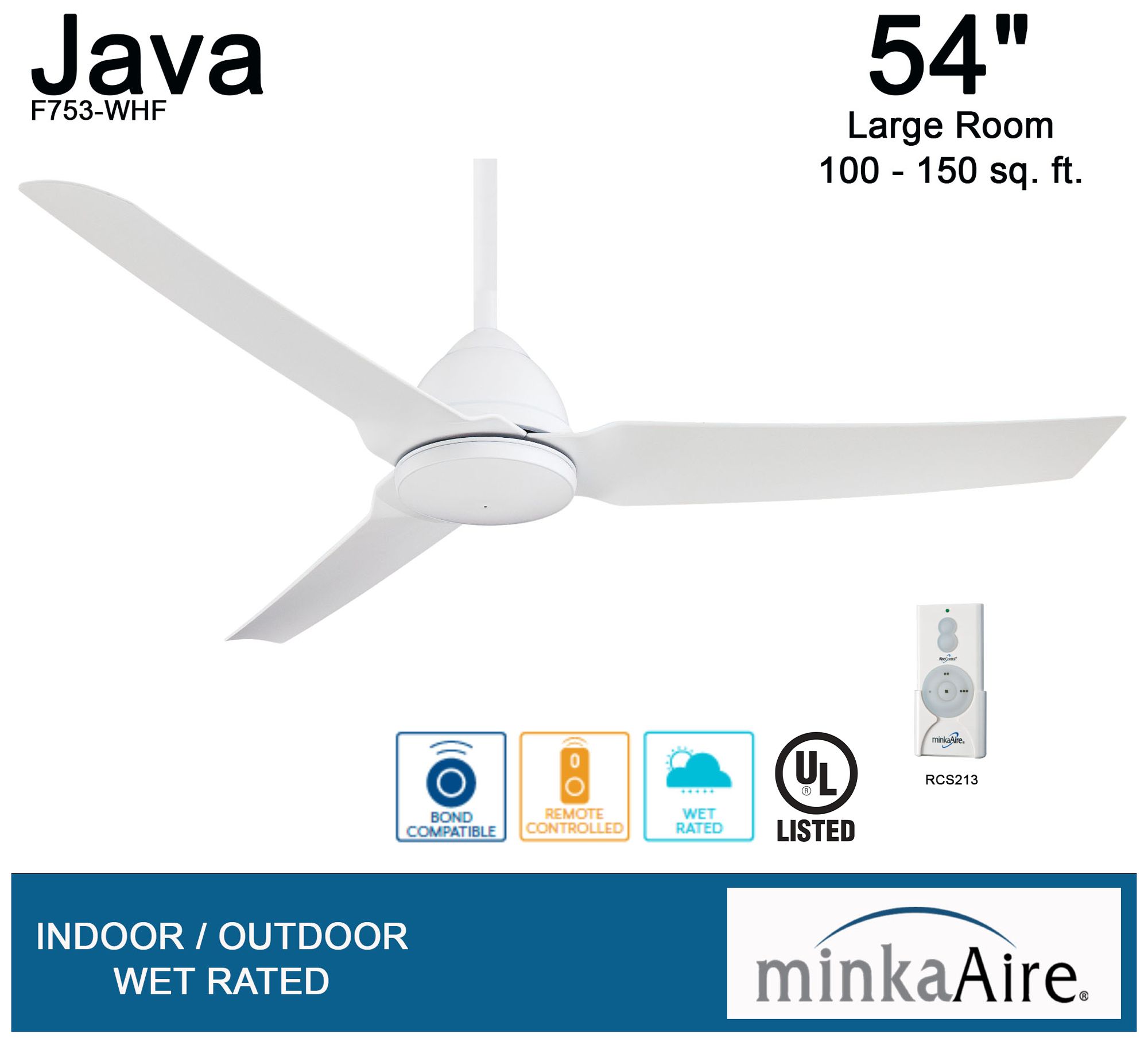 54" Minka Aire Java Flat White Wet Rated Ceiling Fan with Remote