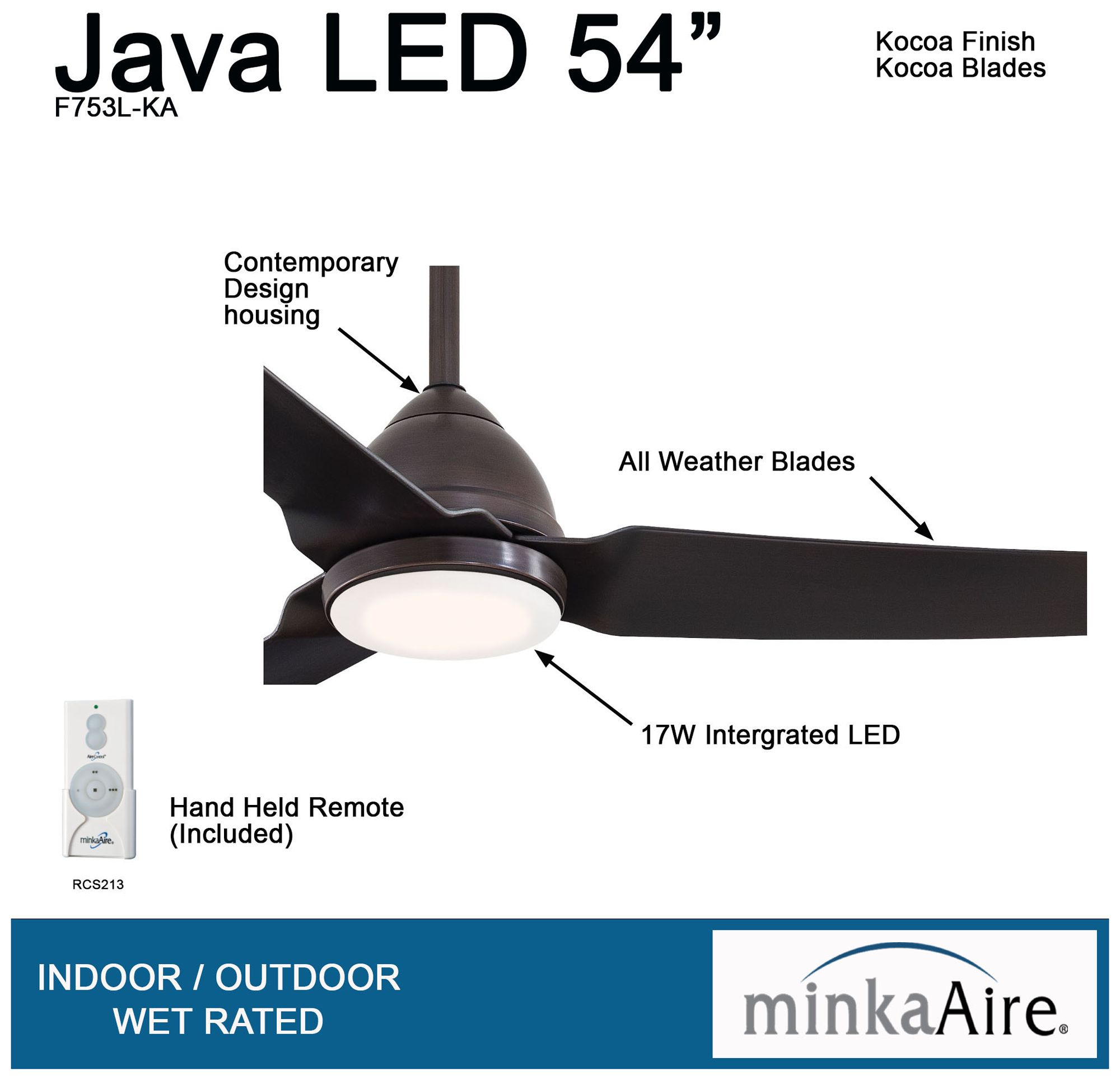 54" Minka Aire Java Kocoa LED Ceiling Fan with Remote Control