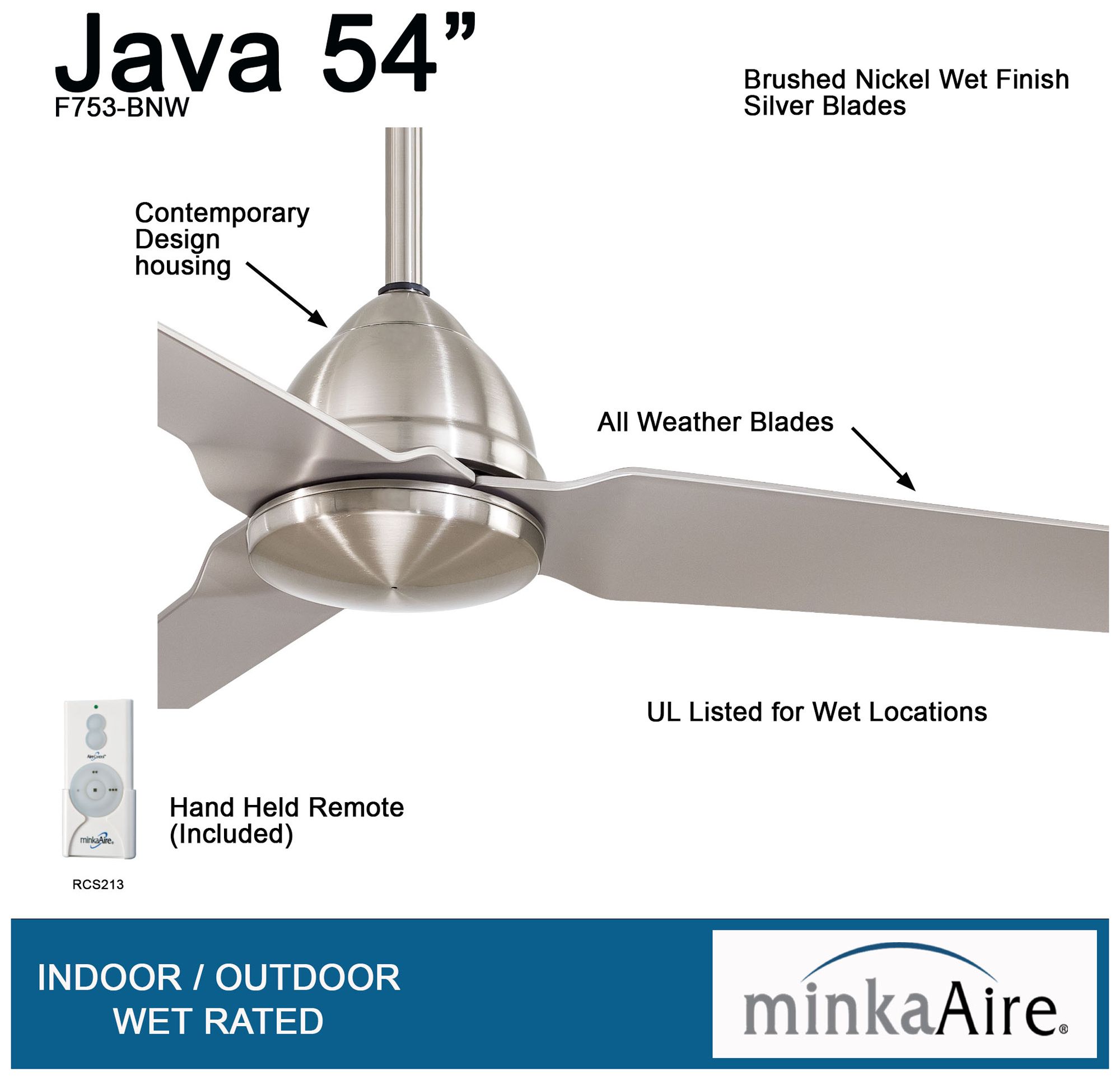 54" Minka Aire Java Nickel Wet Location Modern Ceiling Fan with Remote