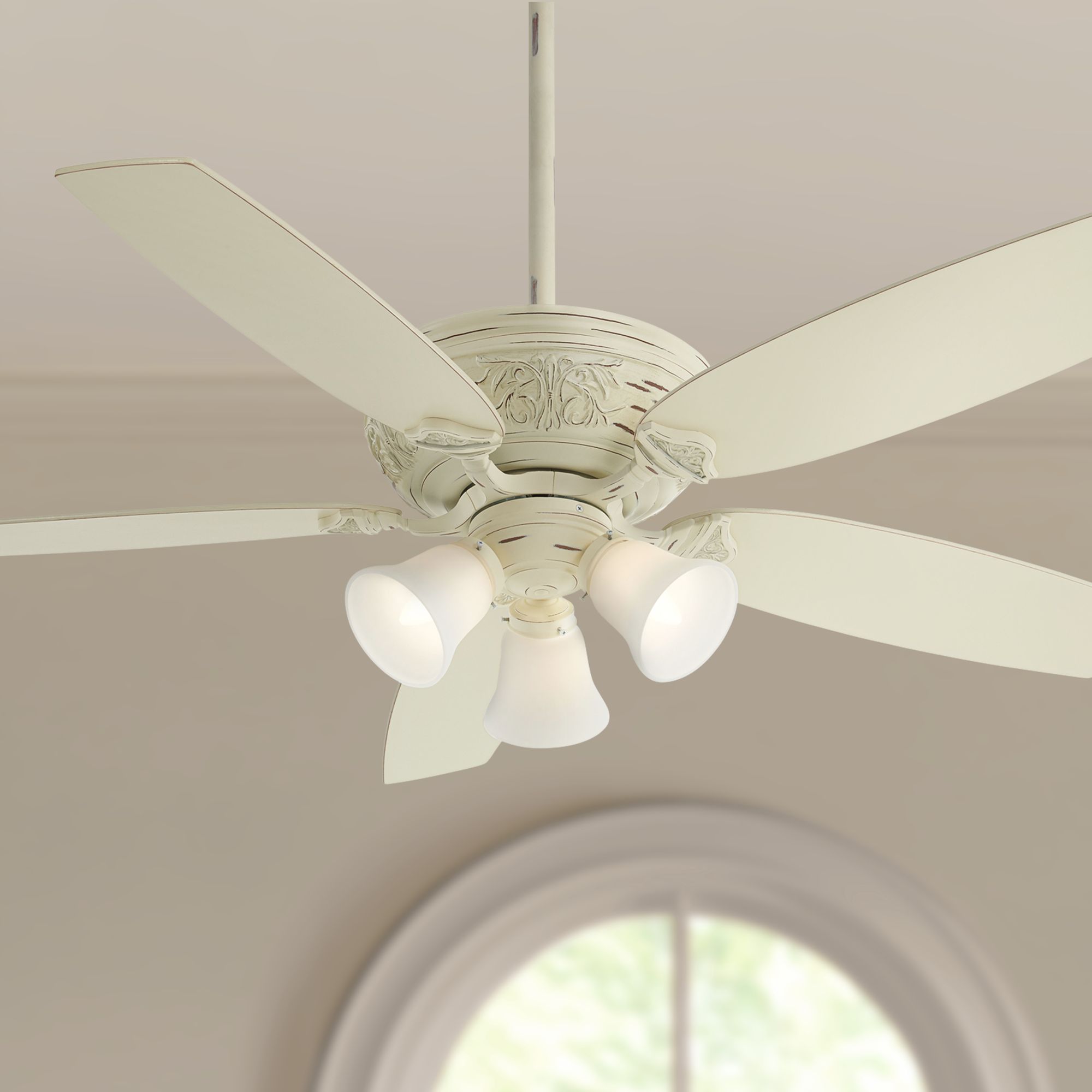 White farmhouse ceiling fan with outlet light