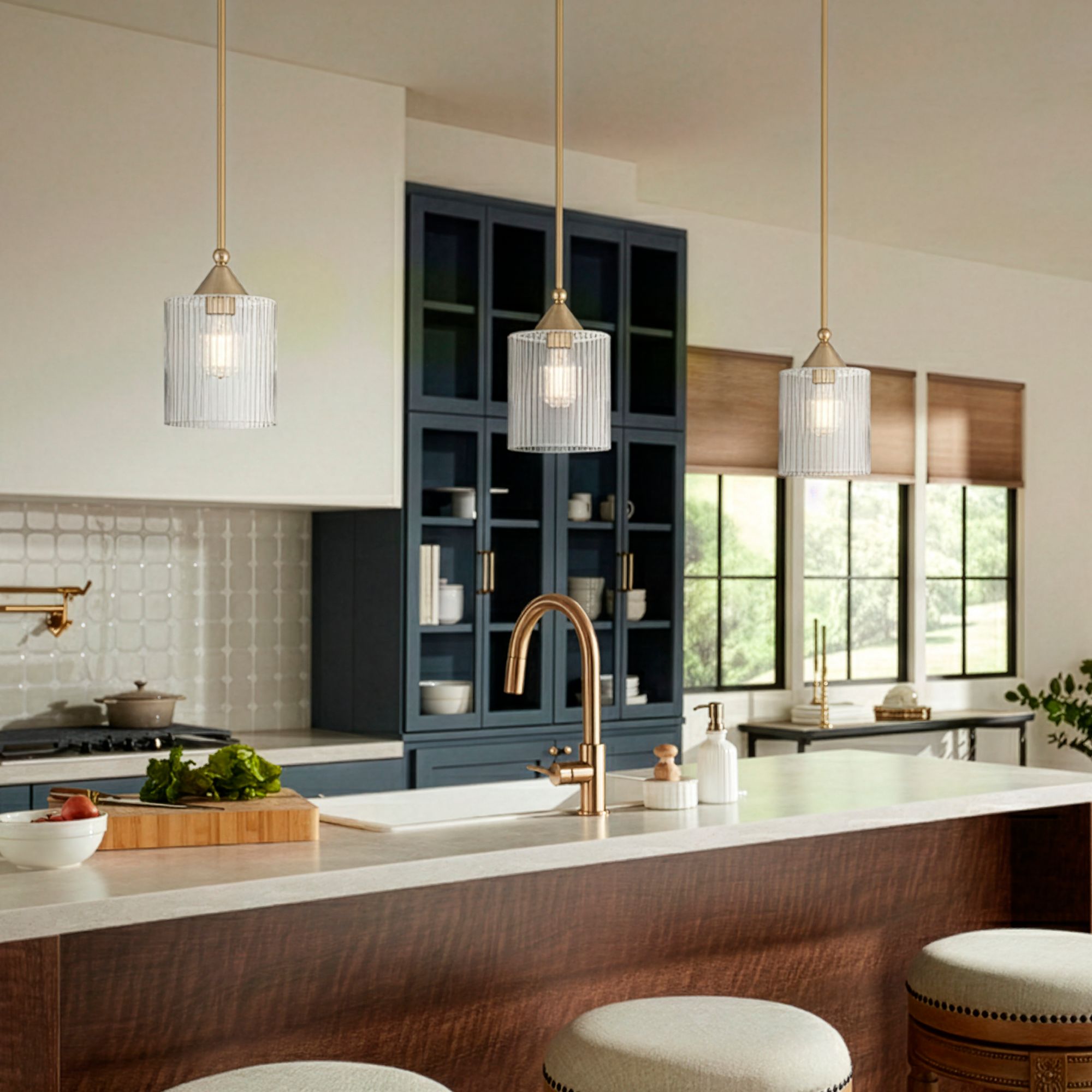 Image 1 Possini Euro Krakow 7"W Satin Brass Ribbed Glass Mini Pendant Light in scene