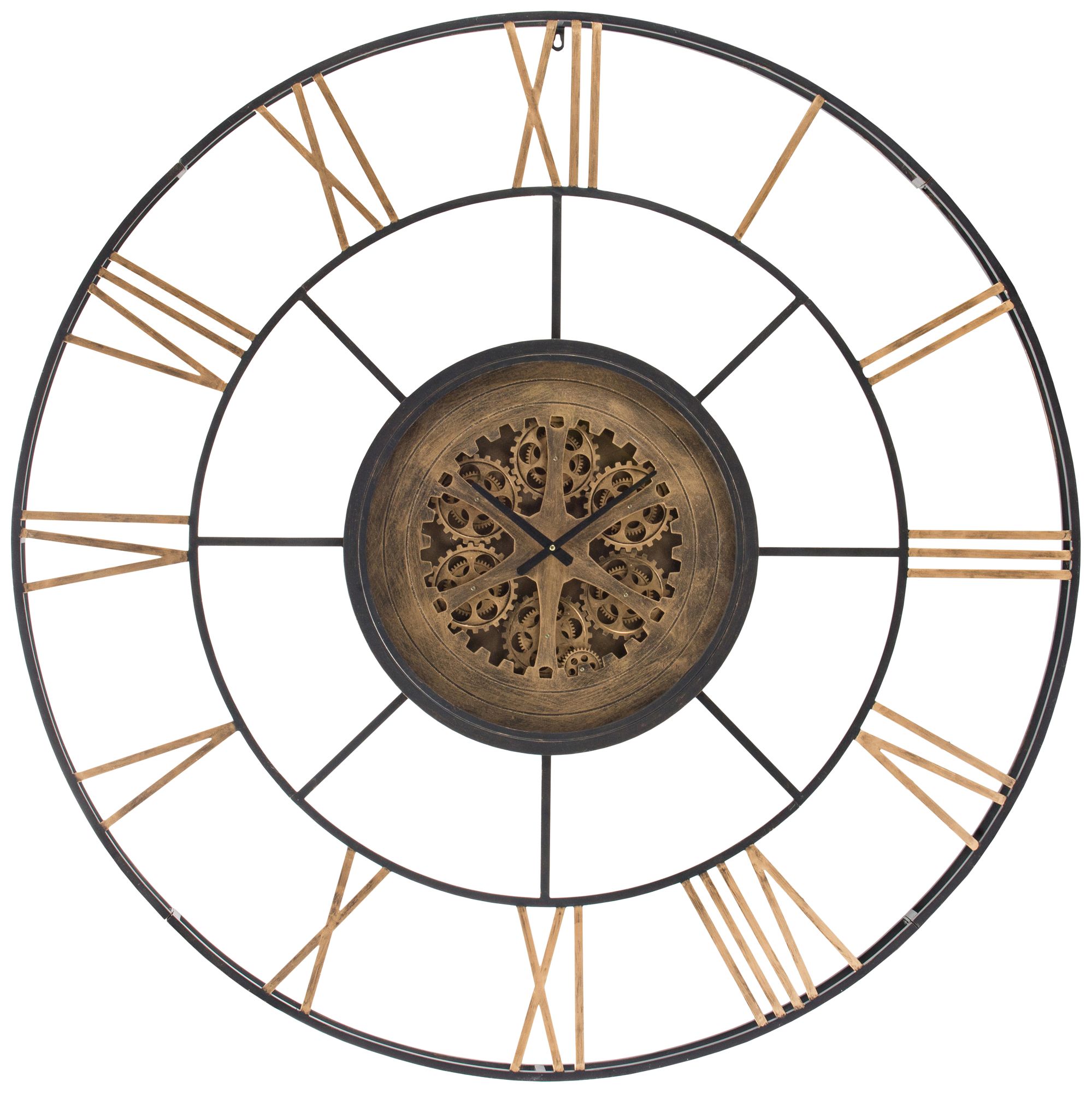 55.9" Wide Antique Black and Gold Round Wall Clock with Exposed Gears
