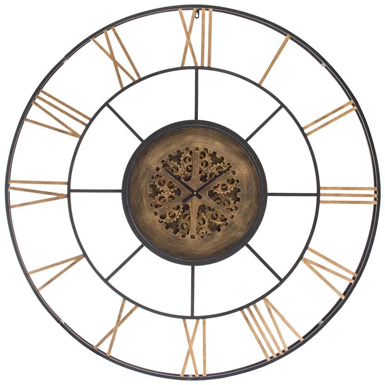 Image 1 55.9 inch Wide Antique Black and Gold Round Wall Clock with Exposed Gears
