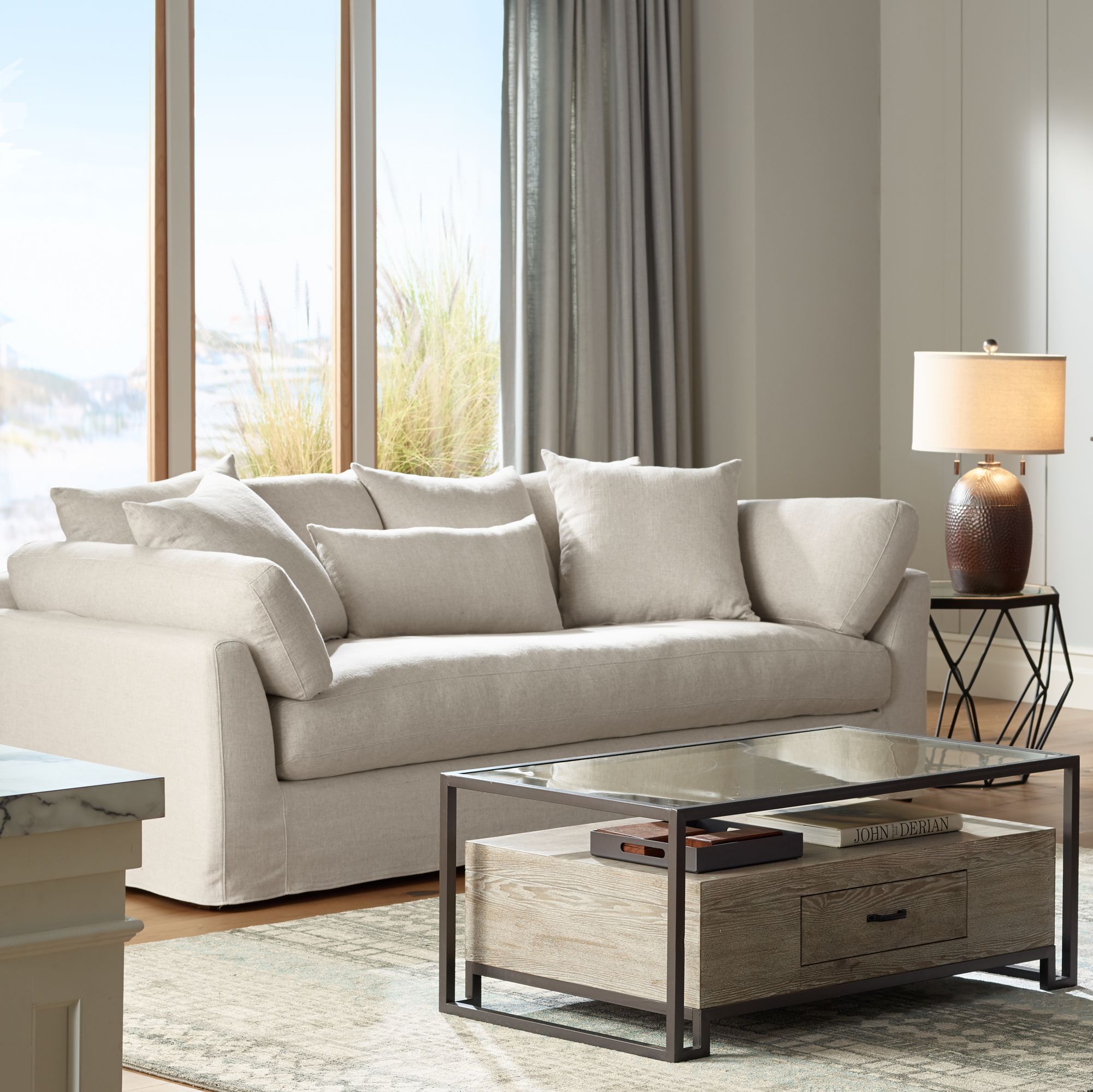 55 Downing Street Chateau 98 3/4" Wide Linen Fabric Slipcover Sofa in scene