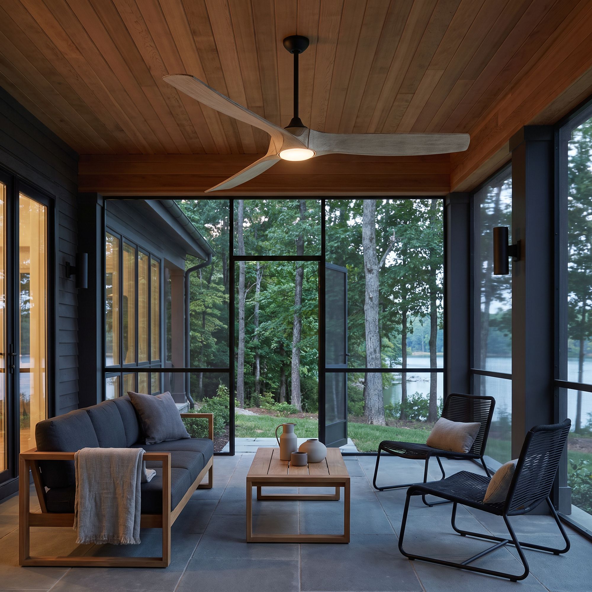 Image 1 70" Casa Vieja Kona Wind Black White Oak LED DC Damp Ceiling Fan in scene