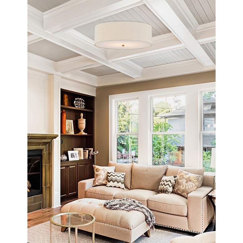 Image 1 Justice Design Textile 24" Brushed Brass Cream Shade Ceiling Light in scene