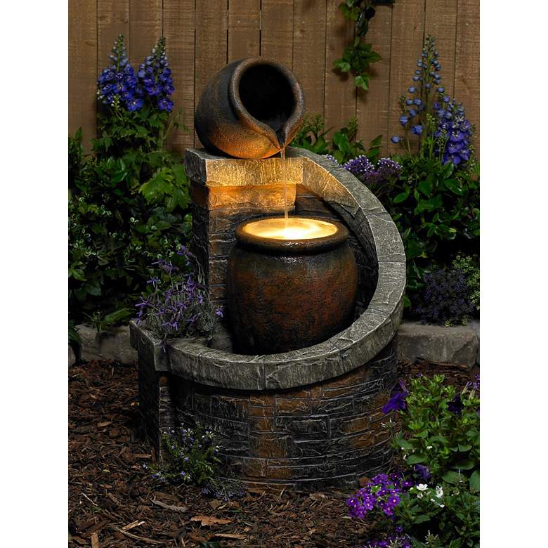 Image 1 Verona 35 inch High Rustic Brick Garden Fountain with LED Light in scene