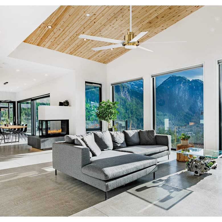 Image 1 60" Daisy Natural Aged Brass LED Ceiling Fan w/ White Blades in scene
