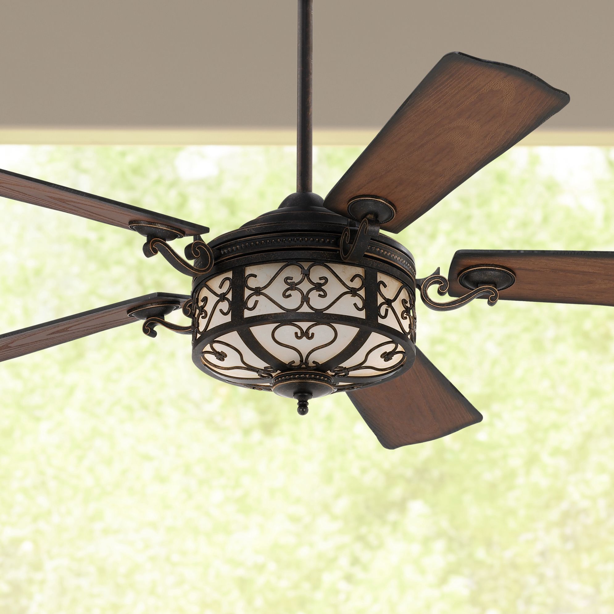 Image 1 54" Hermitage LED Golden Forged Damp Rated Ceiling Fan with Remote in scene
