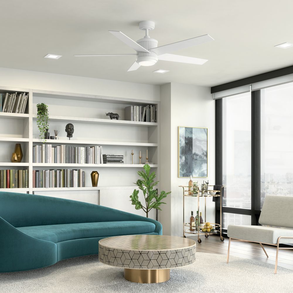 56" Kichler Brahm Matte White LED Modern Ceiling Fan with Remote in scene