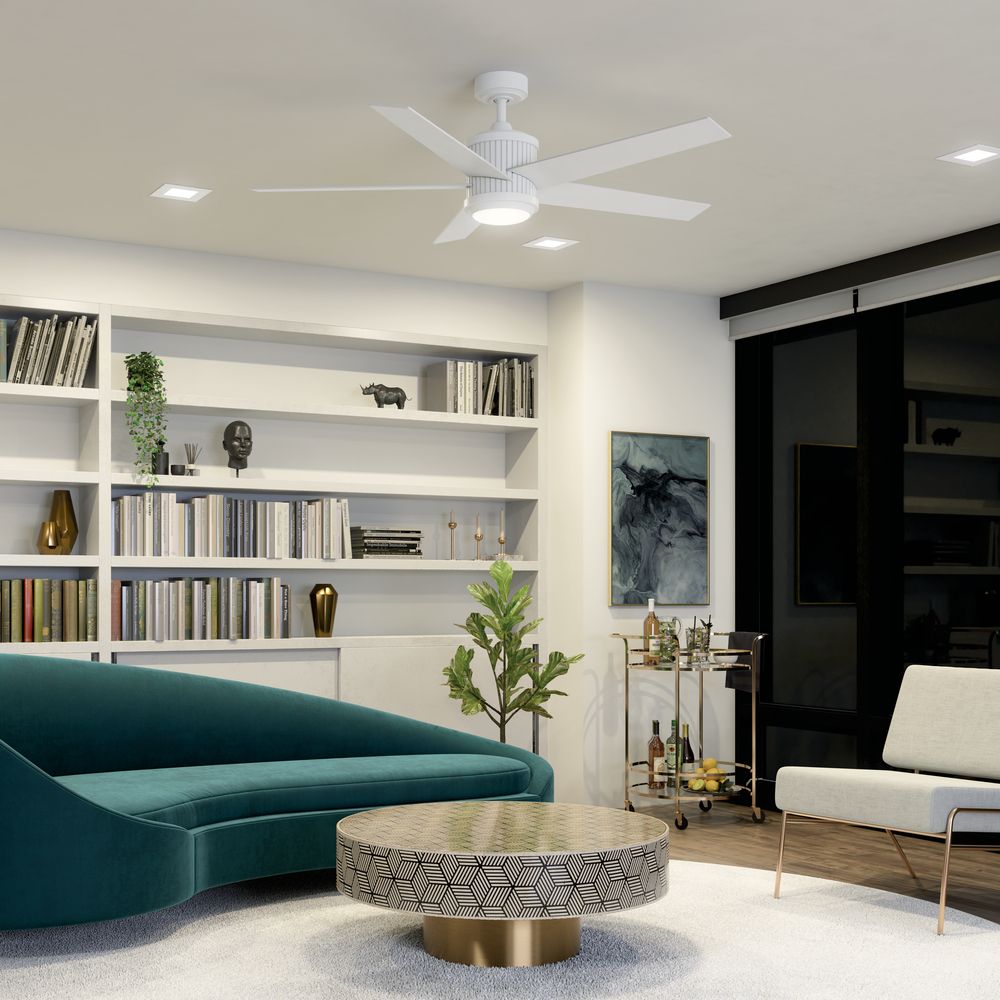 56" Kichler Brahm Matte White LED Modern Ceiling Fan with Remote in scene