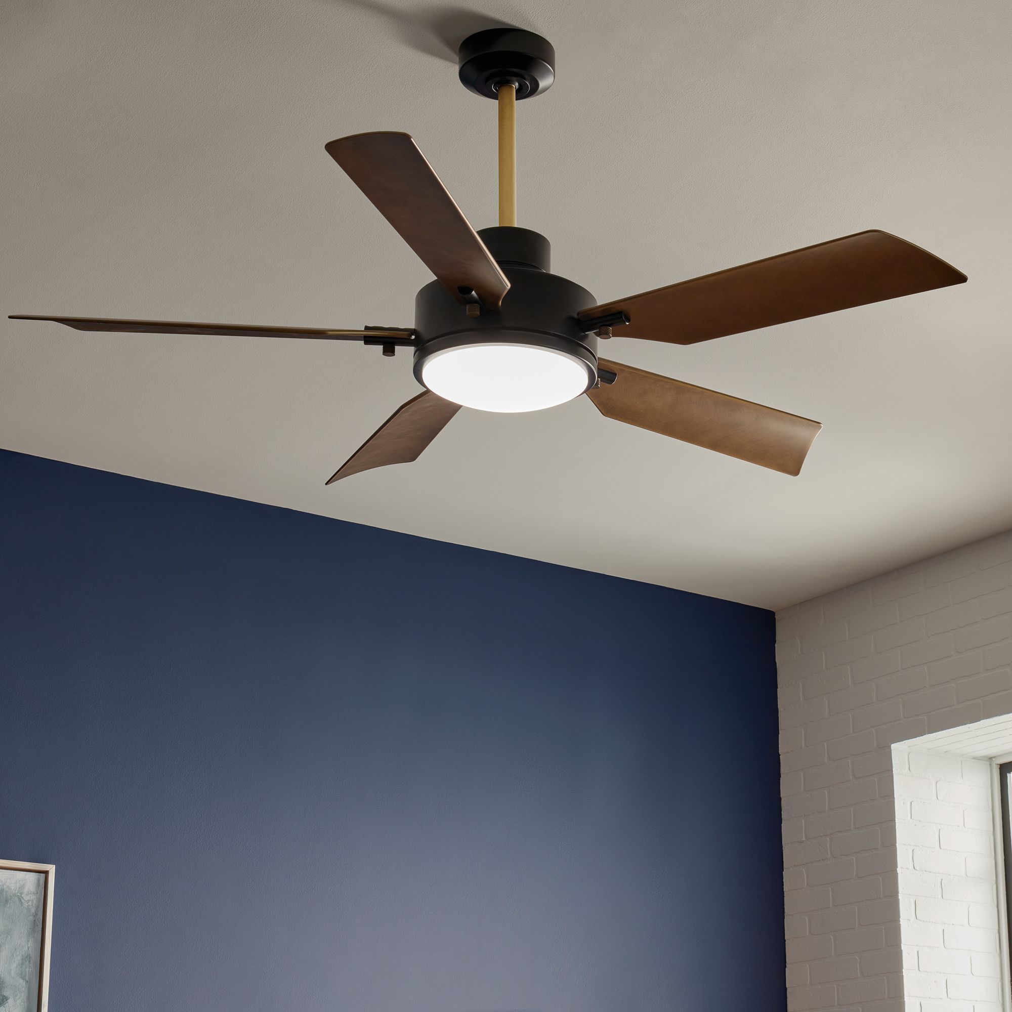 56" Kichler Guardian Satin Black LED Ceiling Fan in scene