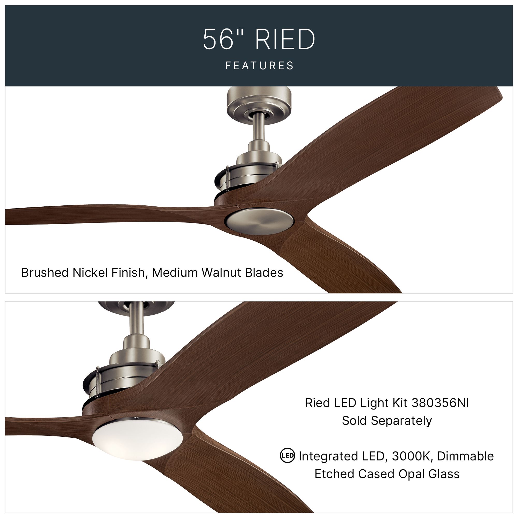 Image 5 56" Kichler Ried Brushed Nickel Walnut Ceiling Fan with Wall Control more views