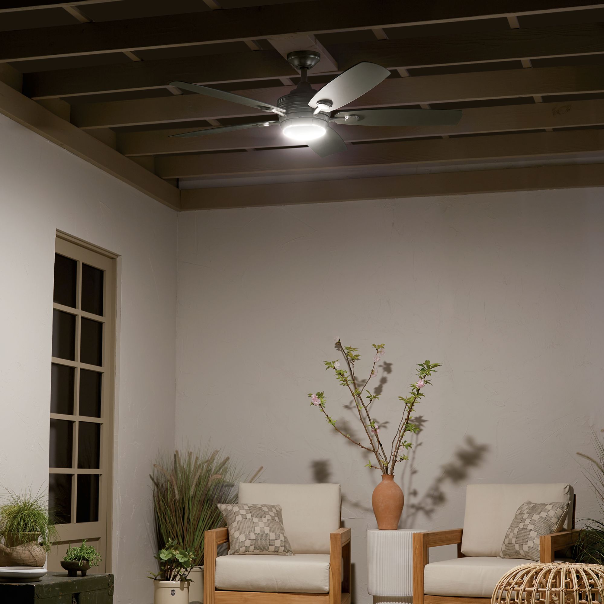 56" Kichler Tranquil Brushed Nickel LED Damp Ceiling Fan with Remote in scene