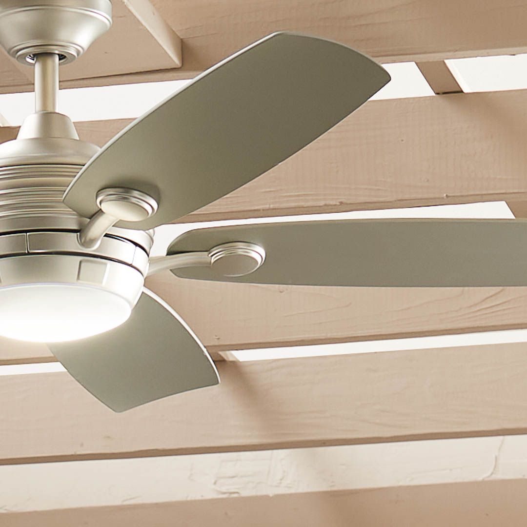 56" Kichler Tranquil Weather+ Brushed Nickel LED Remote Ceiling Fan in scene