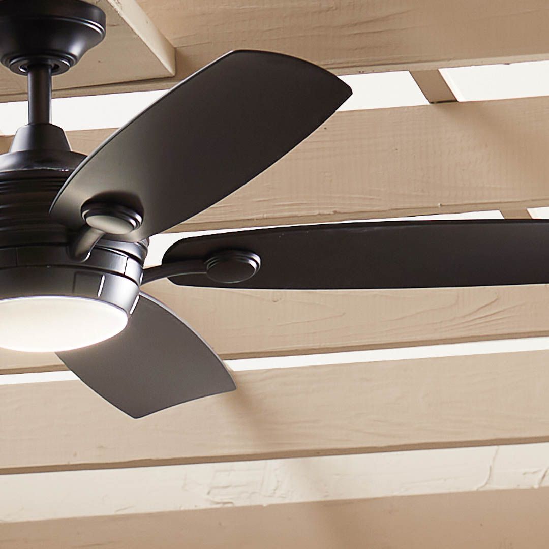 56" Kichler Tranquil Weather+ Satin Black LED Wet Remote Ceiling Fan in scene