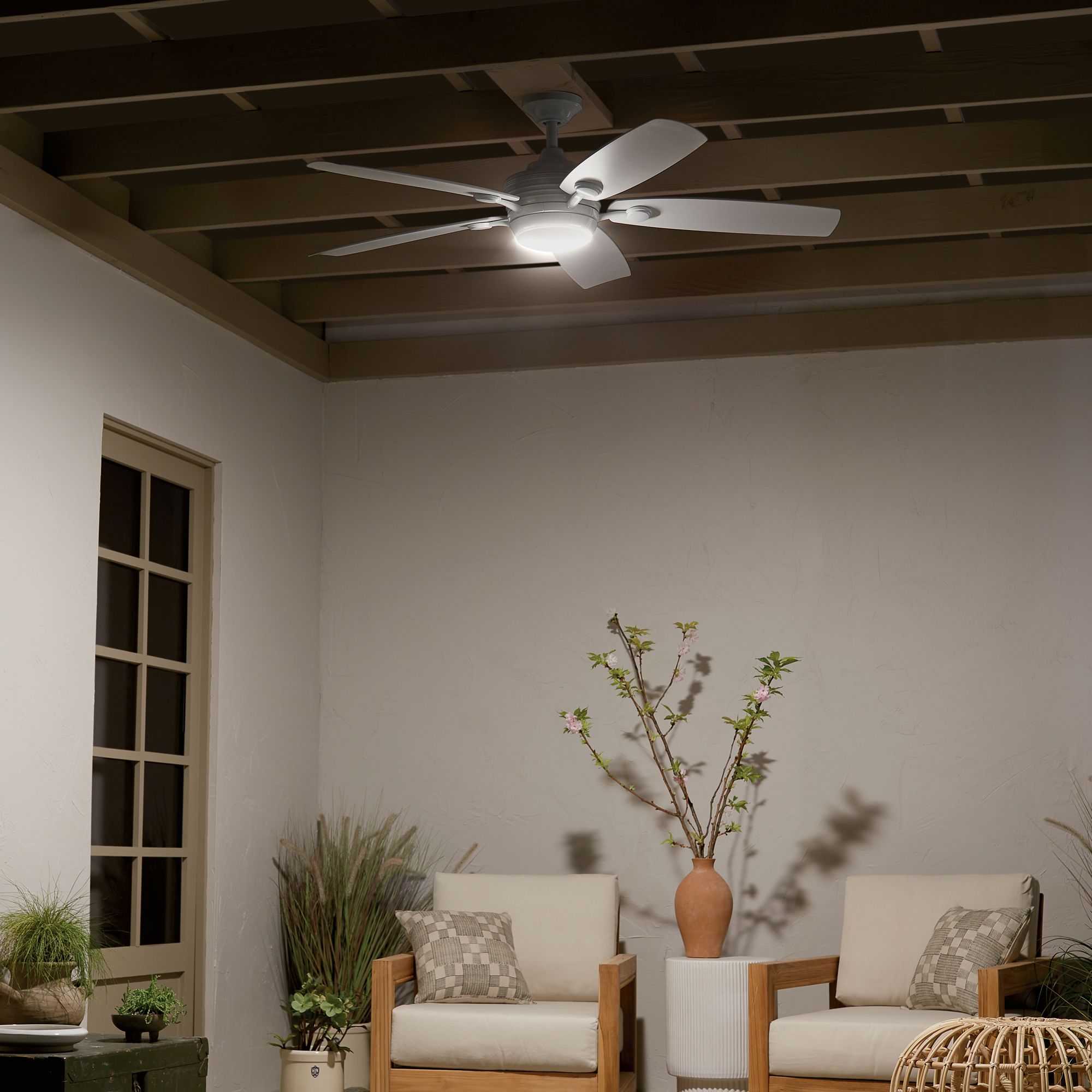 56" Kichler Tranquil White LED Damp Ceiling Fan with Remote in scene