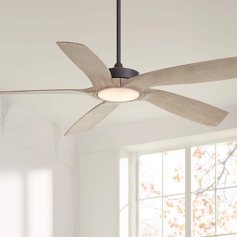 Image 1 56 inch Mach 5 Black and Distressed White Oak LED Damp Fan with Remote