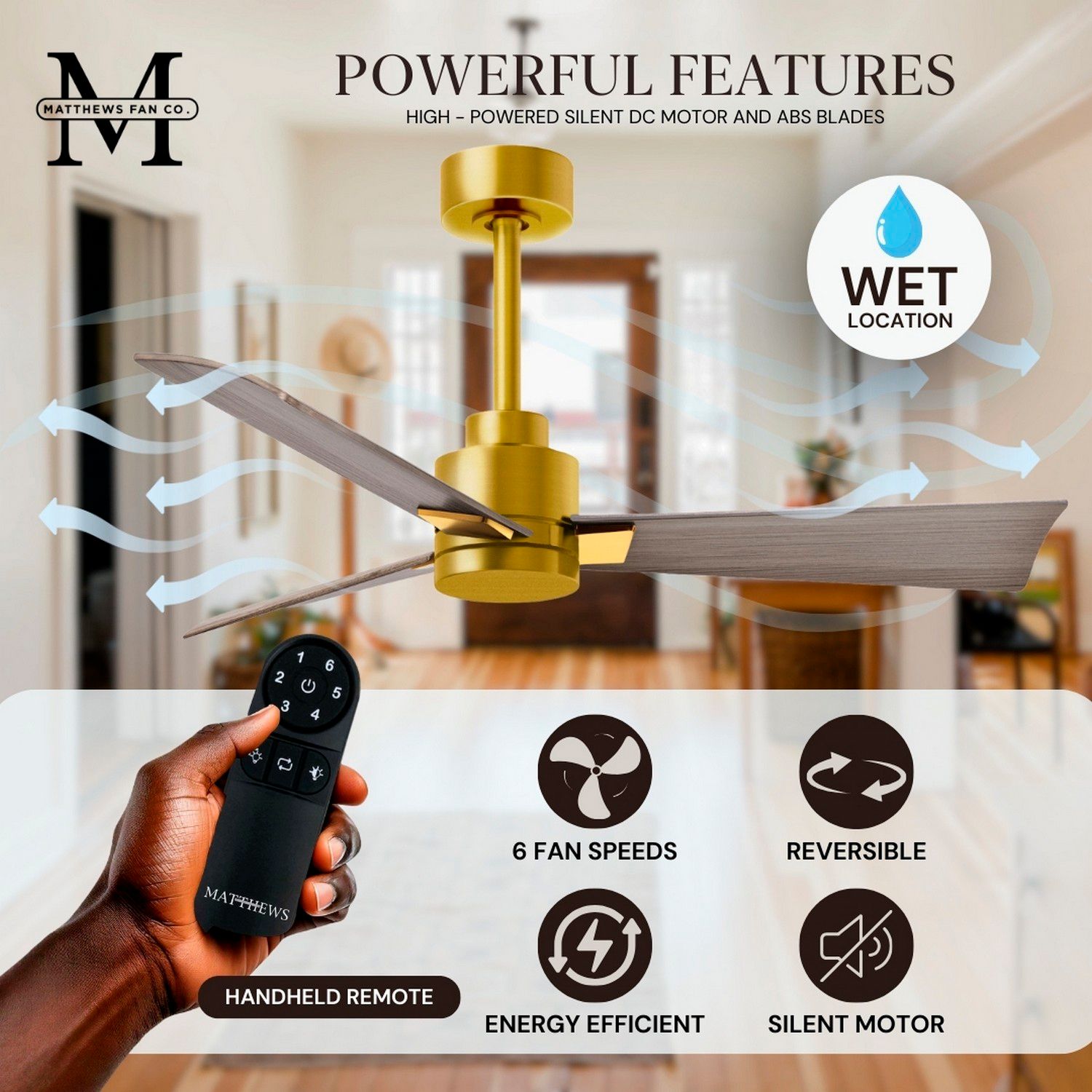 56" Matthews Alessandra Brass and Gray Ash Ceiling Fan with Remote