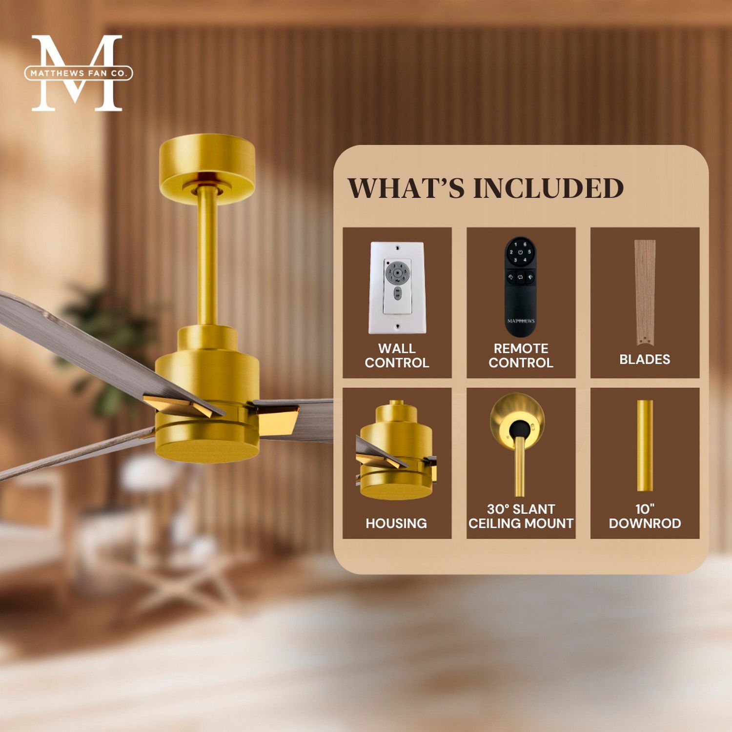 56" Matthews Alessandra Brass and Gray Ash Ceiling Fan with Remote