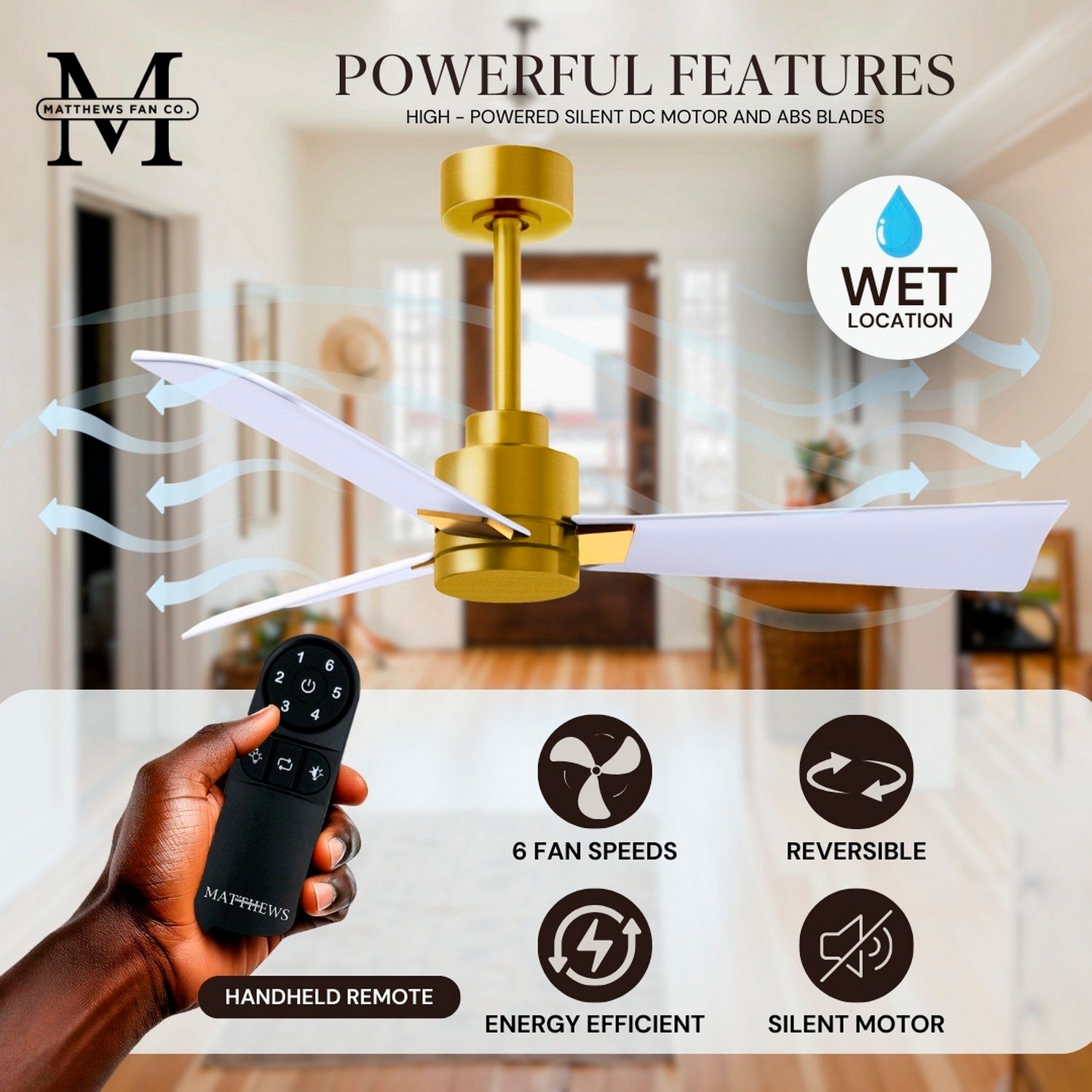 56" Matthews Alessandra Brass and Matte White Ceiling Fan with Remote