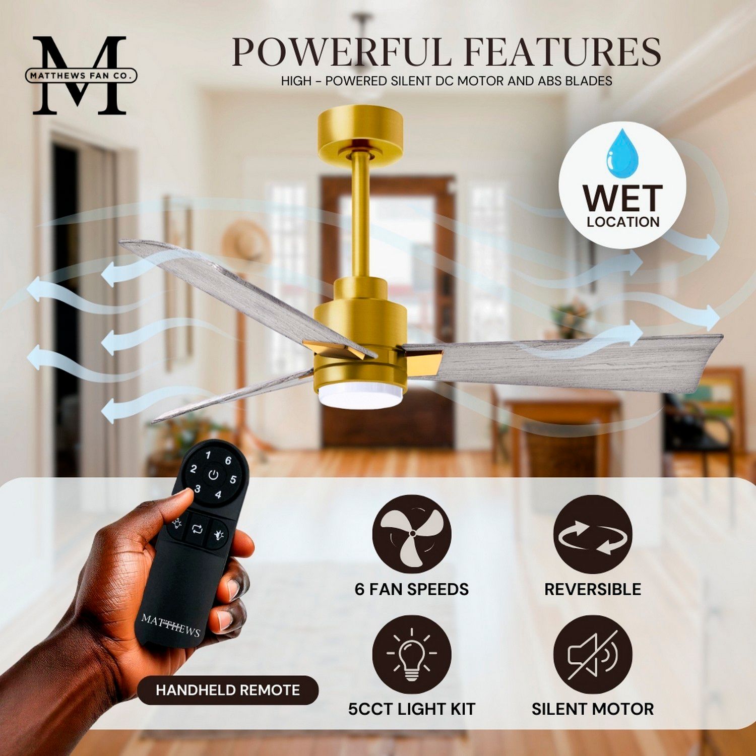 56" Matthews Alessandra Damp LED Brass Barnwood Fan with Remote