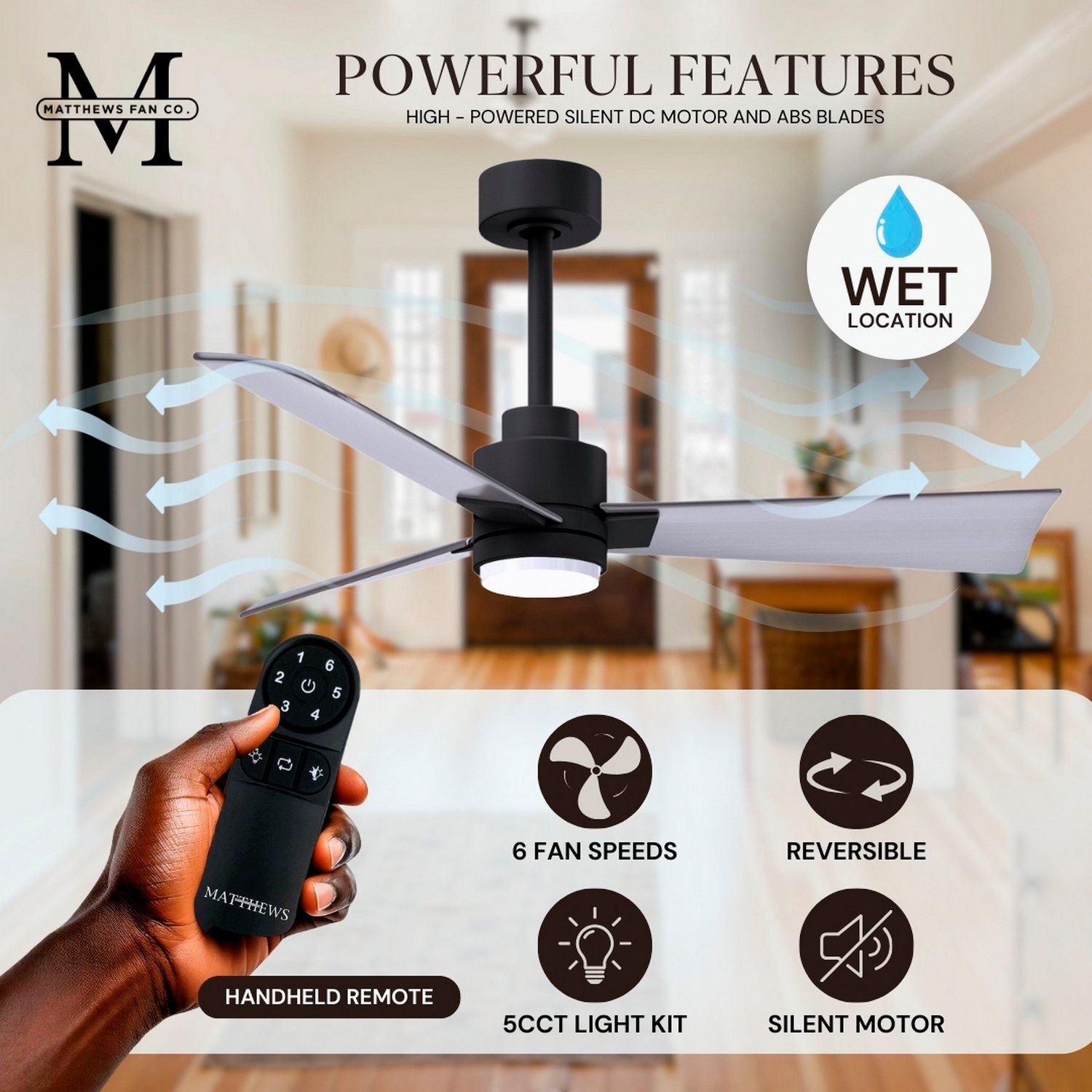 56" Matthews Alessandra Damp LED Matte Black Nickel Fan with Remote