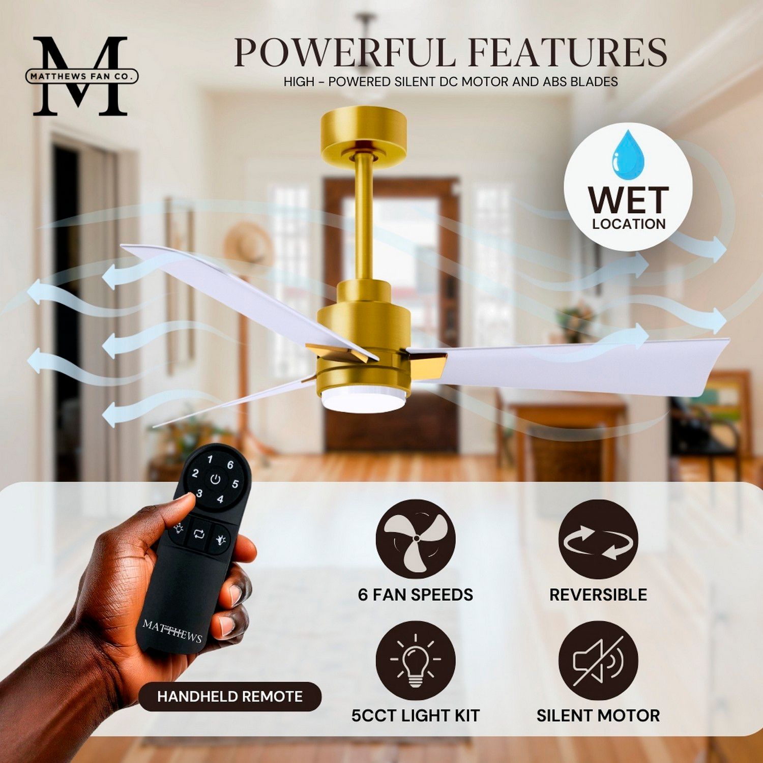 56" Matthews Alessandra Damp LED White Brass Ceiling Fan with Remtoe