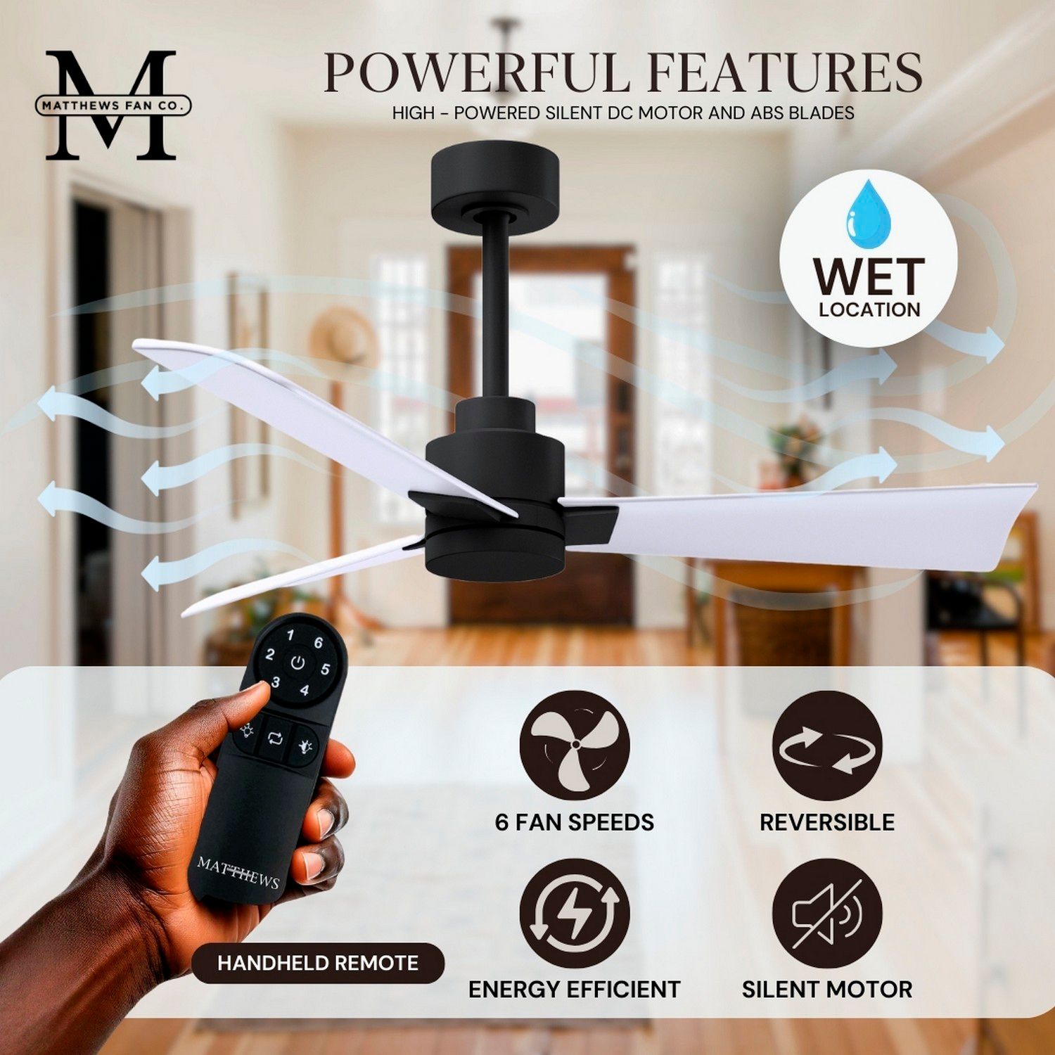 56" Matthews Alessandra Matte Black and White Ceiling Fan with Remote