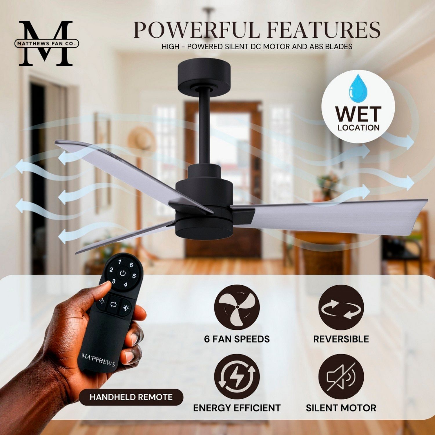 56" Matthews Alessandra Wet Rated Black and Nickel Fan with Remote