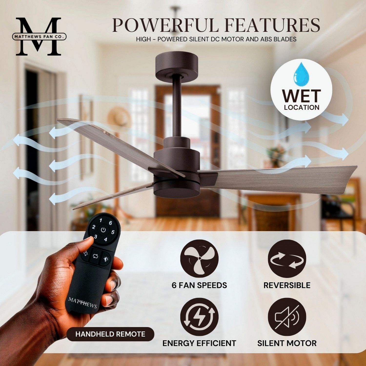 56" Matthews Alessandra Wet Rated Bronze Ash Ceiling Fan with Remote