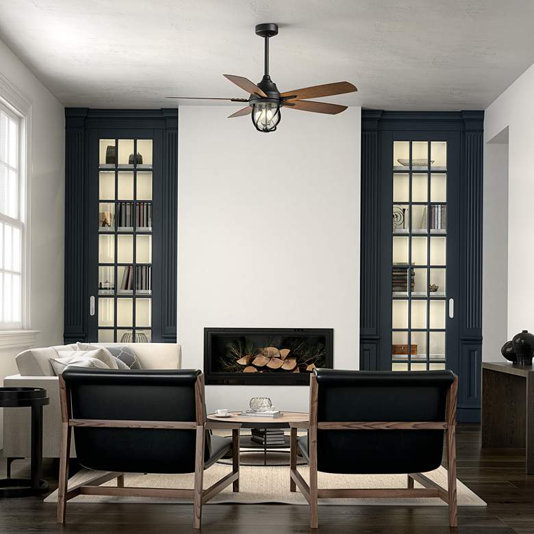 Image 1 52" Kichler Lydra Black Damp Rated LED Ceiling Fan with Remote in scene