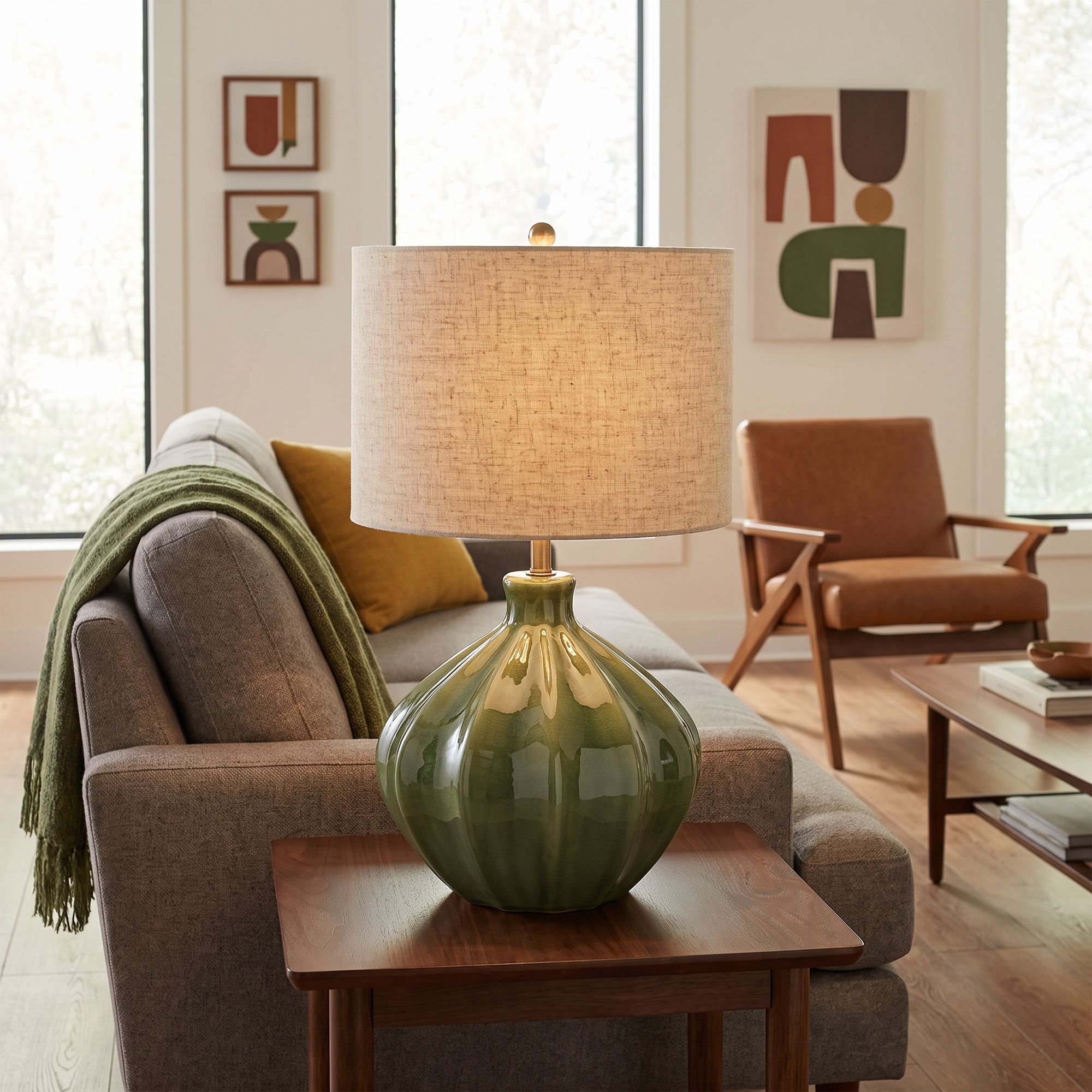 Image 1 Possini Euro Gordy 20 1/2" Mid-Century Modern Green Ceramic Table Lamp in scene