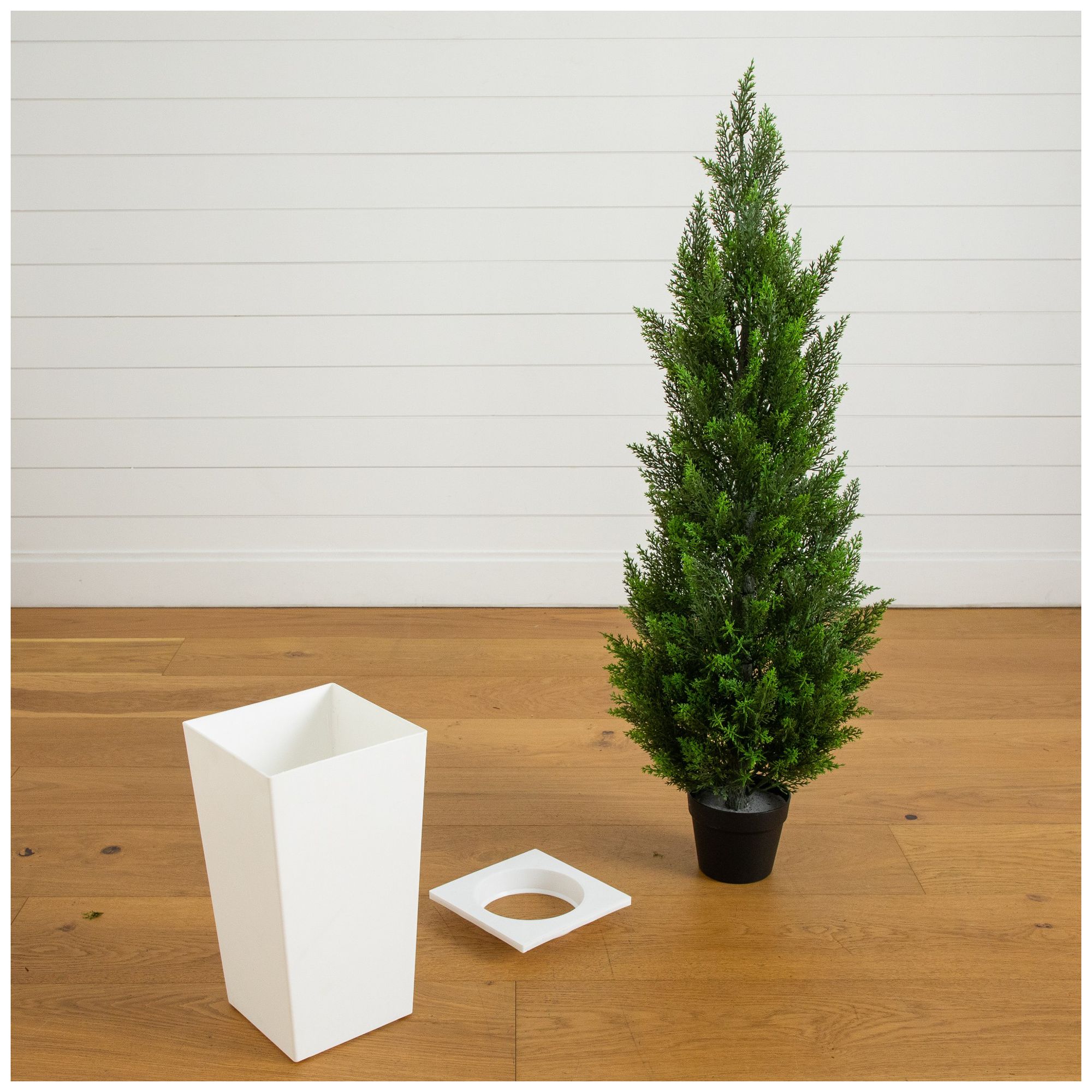 Image 6 56in. UV Resistant Artificial Cedar Tree in White Tower Planter more views