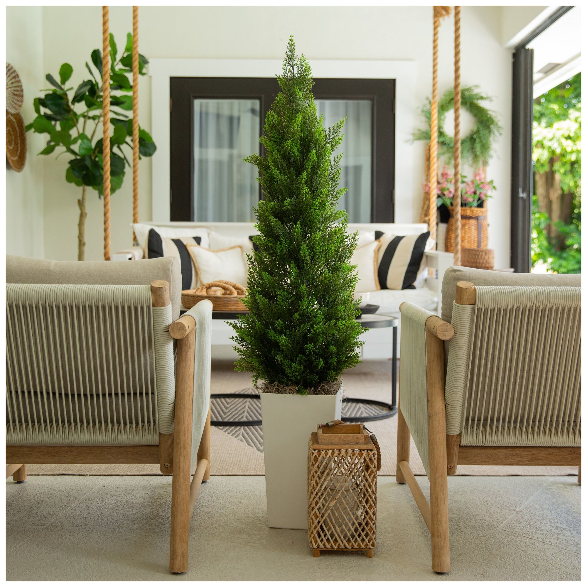 56in. UV Resistant Artificial Cedar Tree in White Tower Planter