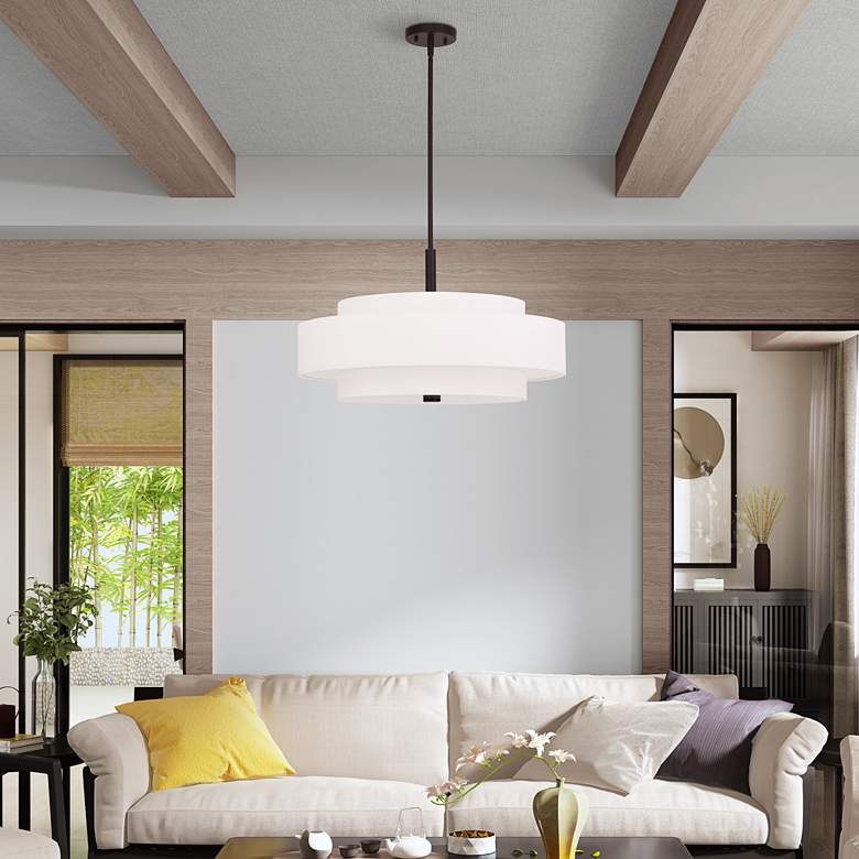 Image 1 Livex Meridian 24 inch Wide Bronze and White Drum Modern Pendant Light in scene