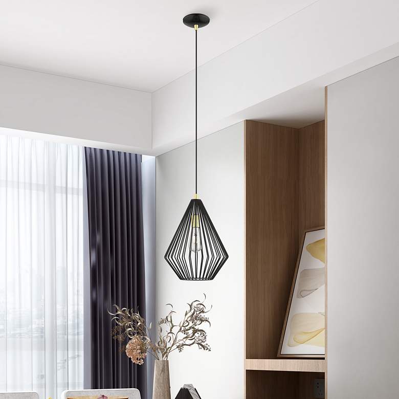 Image 1 Linz 1 Light Shiny Black with Polished Brass Accents Pendant in scene