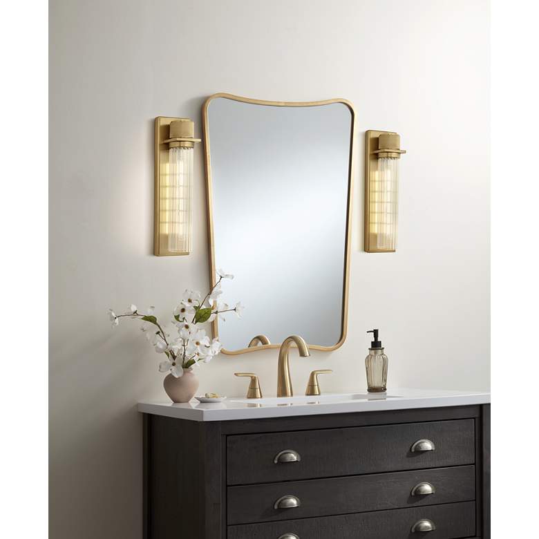 Image 1 Possini Euro Bailey 16"H Brass and Ribbed Glass Wall Sconce Set of 2 in scene