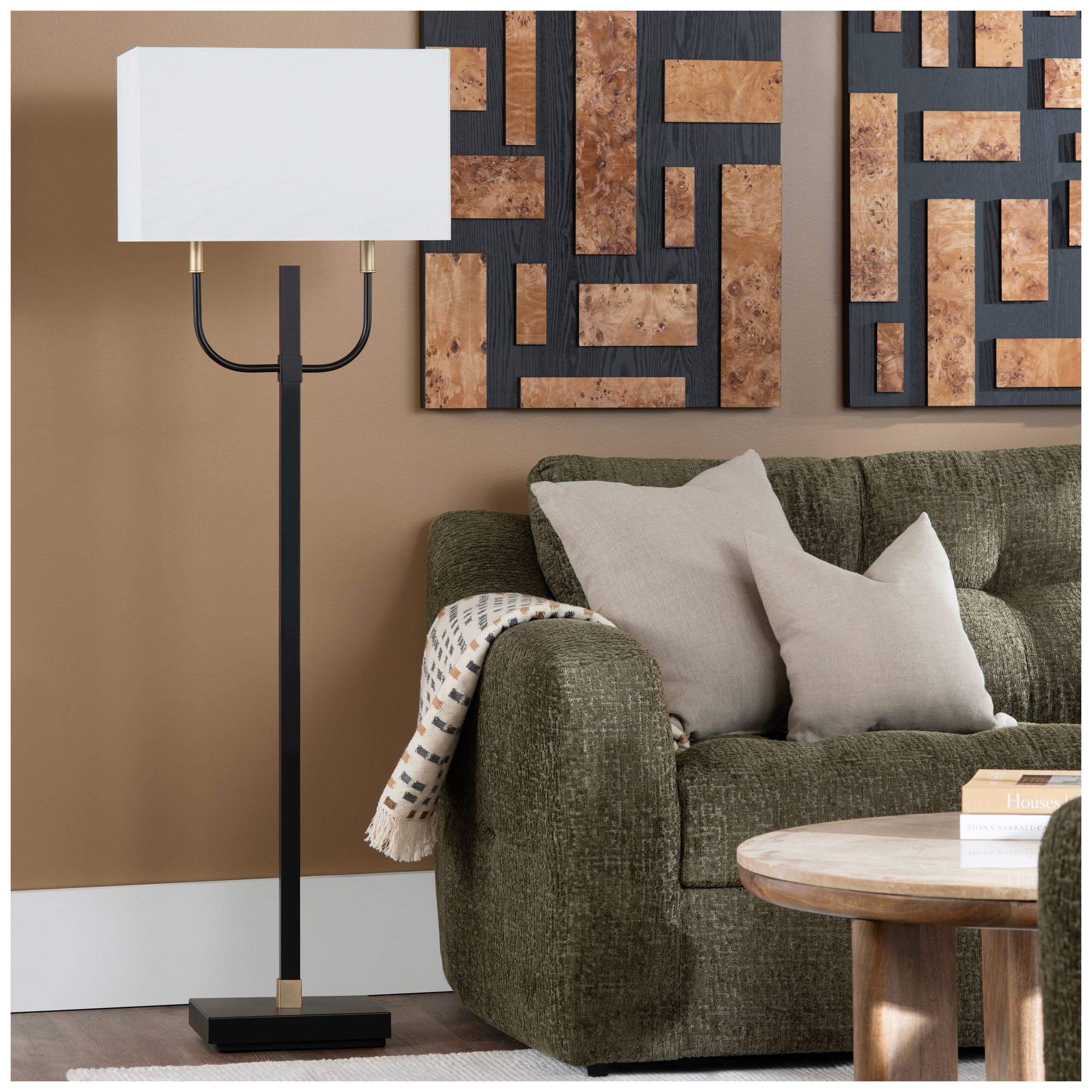 Thumbnail4 of 59.25" Black and Gold Metal Floor Lamp with Linen Shade more views