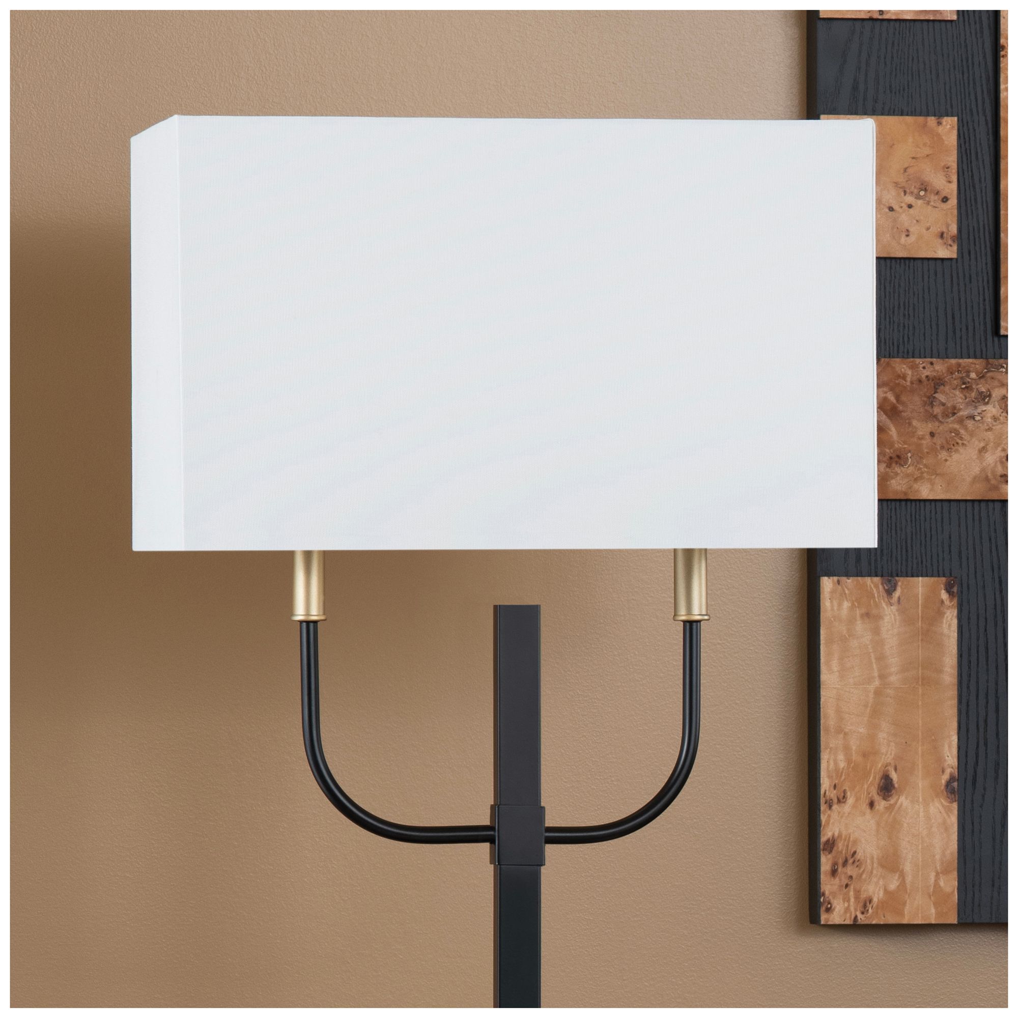 59.25" Black and Gold Metal Floor Lamp with Linen Shade