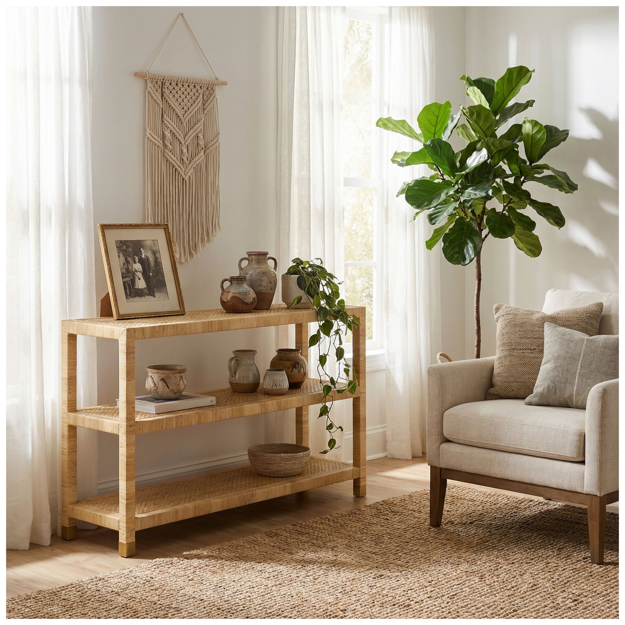 Thumbnail4 of 59.75 in. Tan Raffia 3 Shelf Accent Console_Sofa Table more views