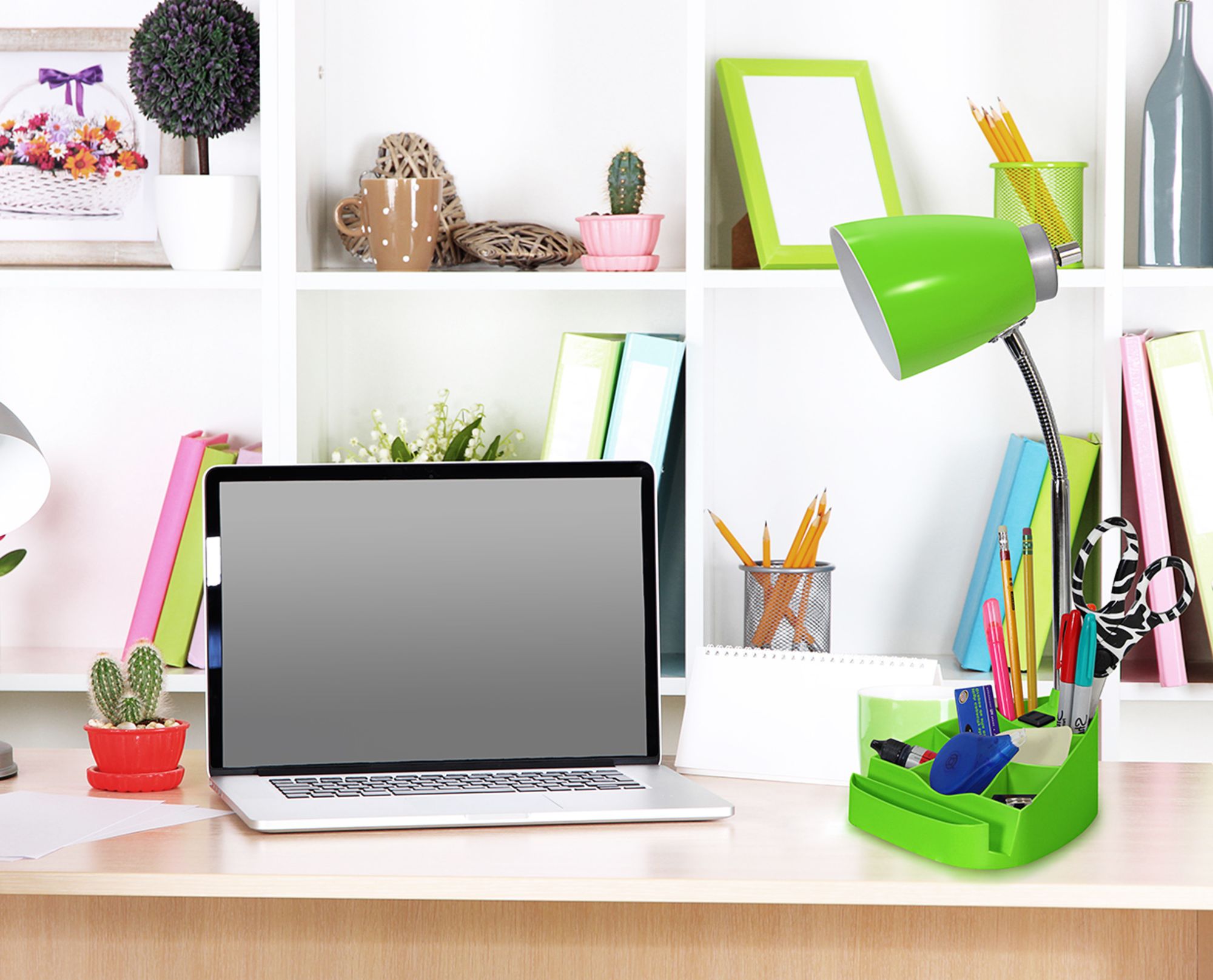 Desk lamp with hot sale organizer and outlet