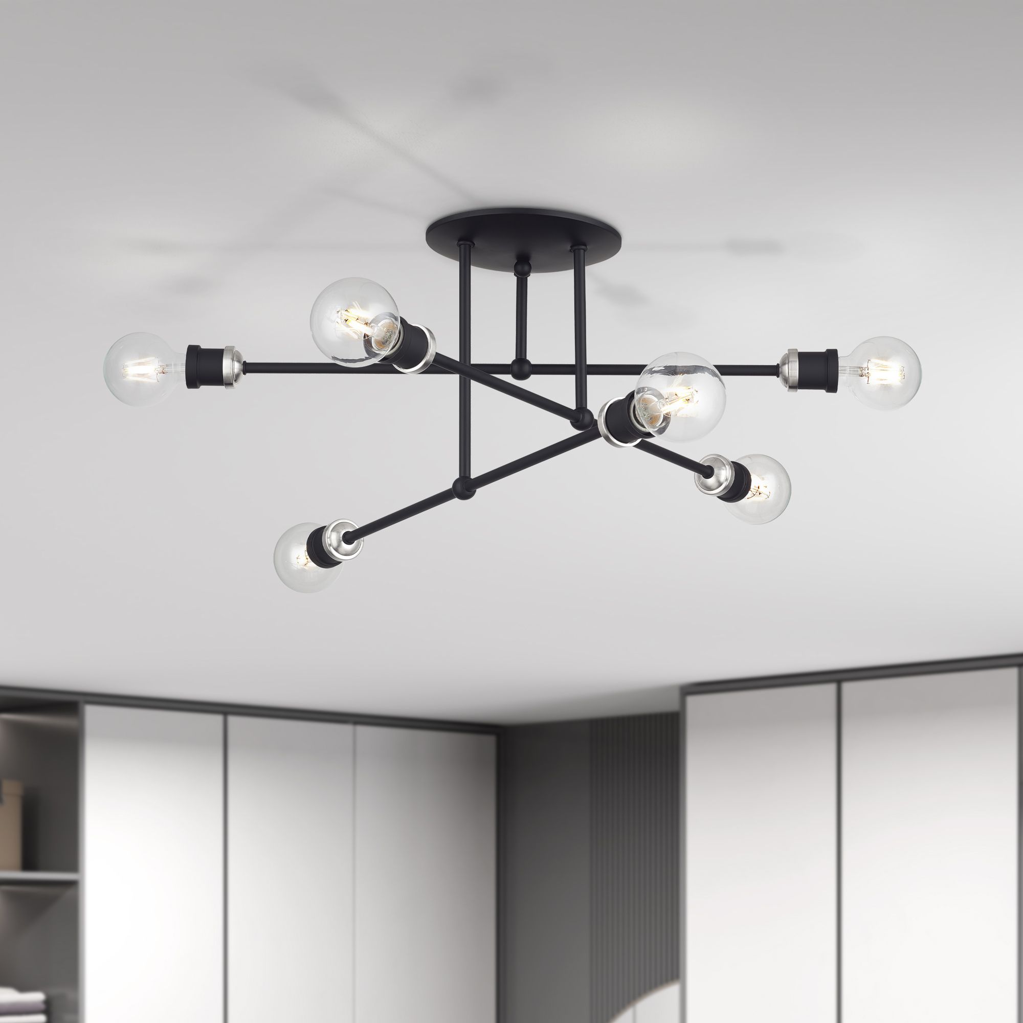6 Light Black Extra Large Semi-Flush with Brushed Nickel Accents