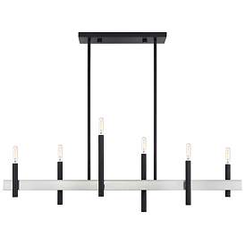 Image1 of 6 Light Black Large Linear Chandelier with Brushed Nickel Accents