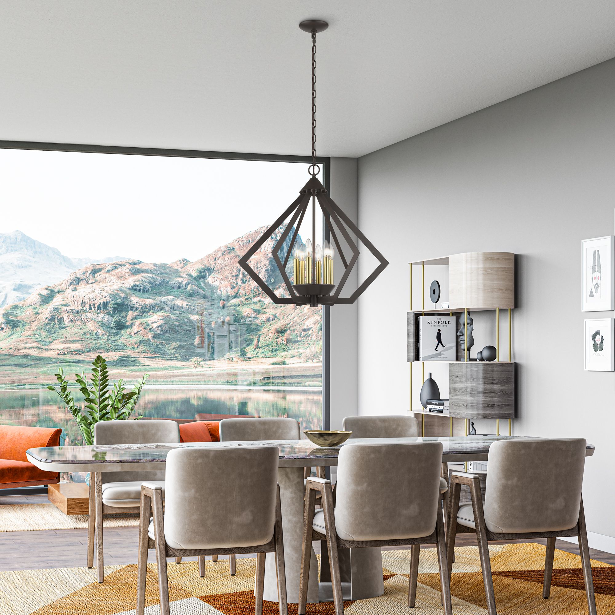 6 Light English Bronze Chandelier with Antique Brass Finish Accents