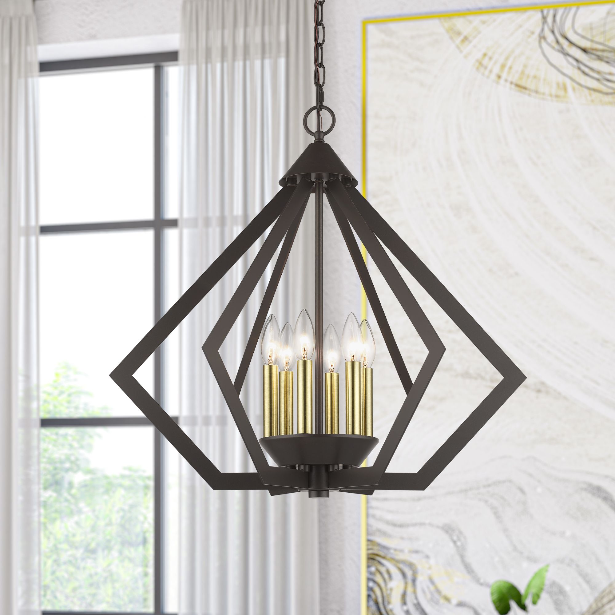 6 Light English Bronze Chandelier with Antique Brass Finish Accents